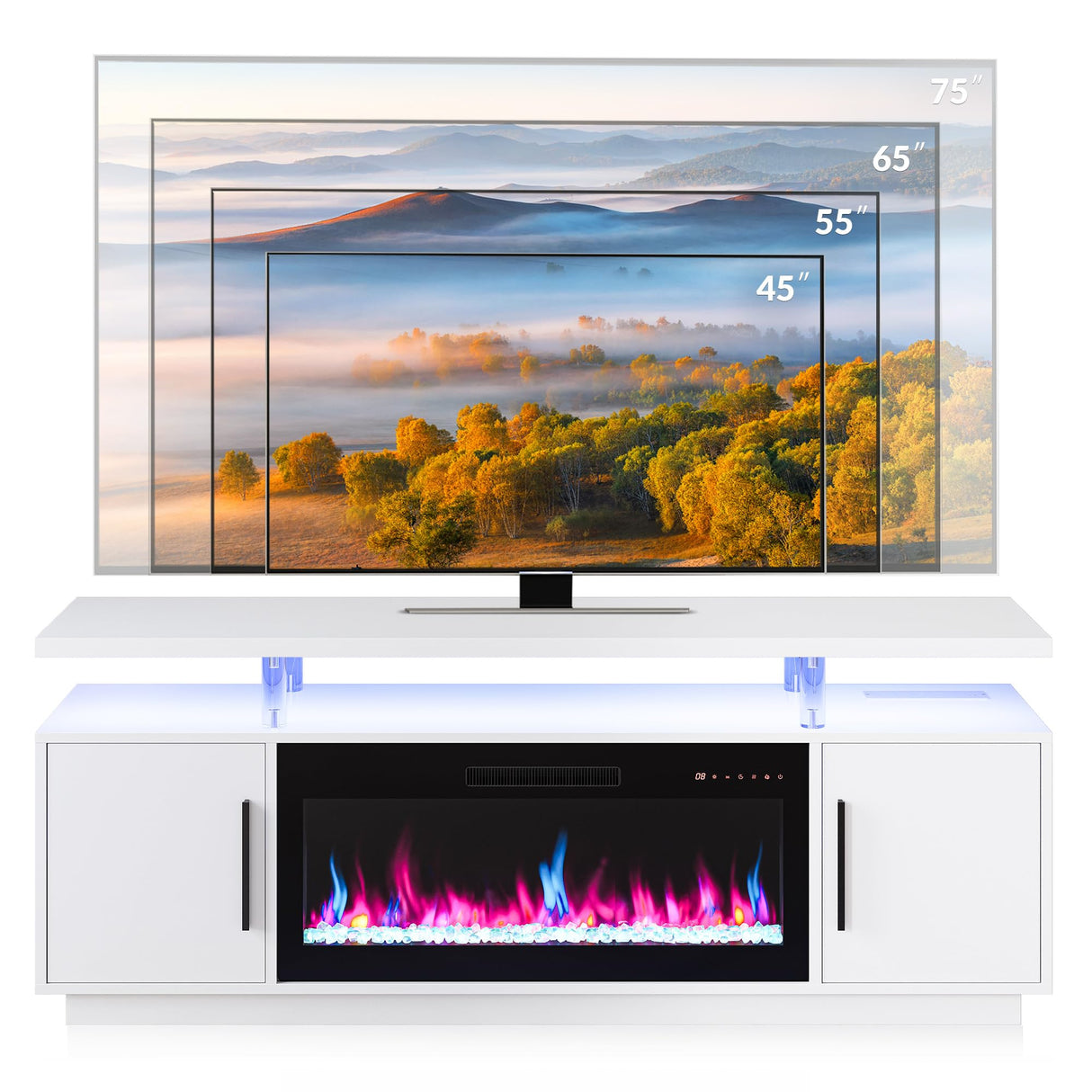 BELLEZE 70" TV Stand for TVs up to 75", LED Light Entertainment Center with 36" Electric Fireplace Heater, Storage Cabinet with USB AC Outlet, Media Console Table for Living Room - Avenue(White) BELLEZE