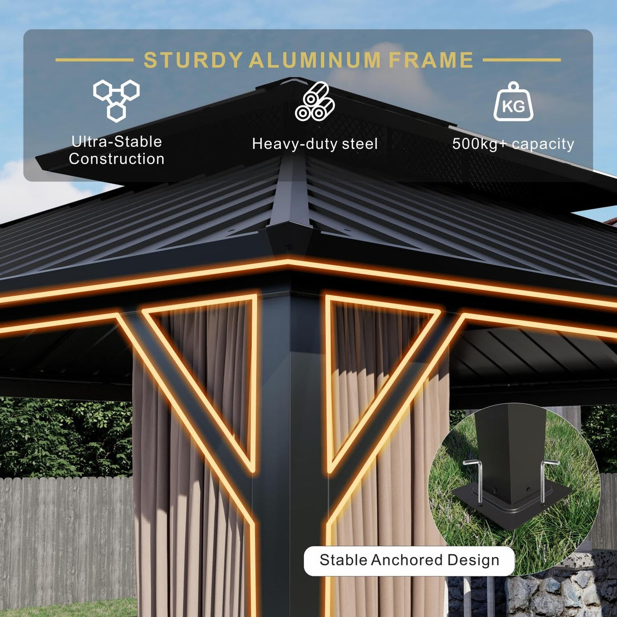 SOLUMIA 10’x12’ Hardtop Gazebo, Galvanized Steel Double Roof Canopy with Aluminum Frame, Outdoor Pavilion with Nettings and Curtains SOLUMIA