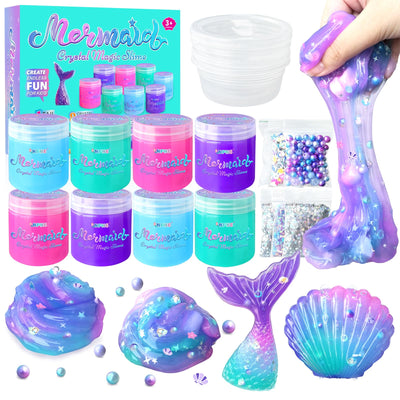Mermaid Slime Kit for Girls DIY Slime Making Kit with Glitter Add Ins Foam Jelly Cubes Christmas Birthday Party Favors Present Crafts Stress Relief Toys for Kids Age 8-12
