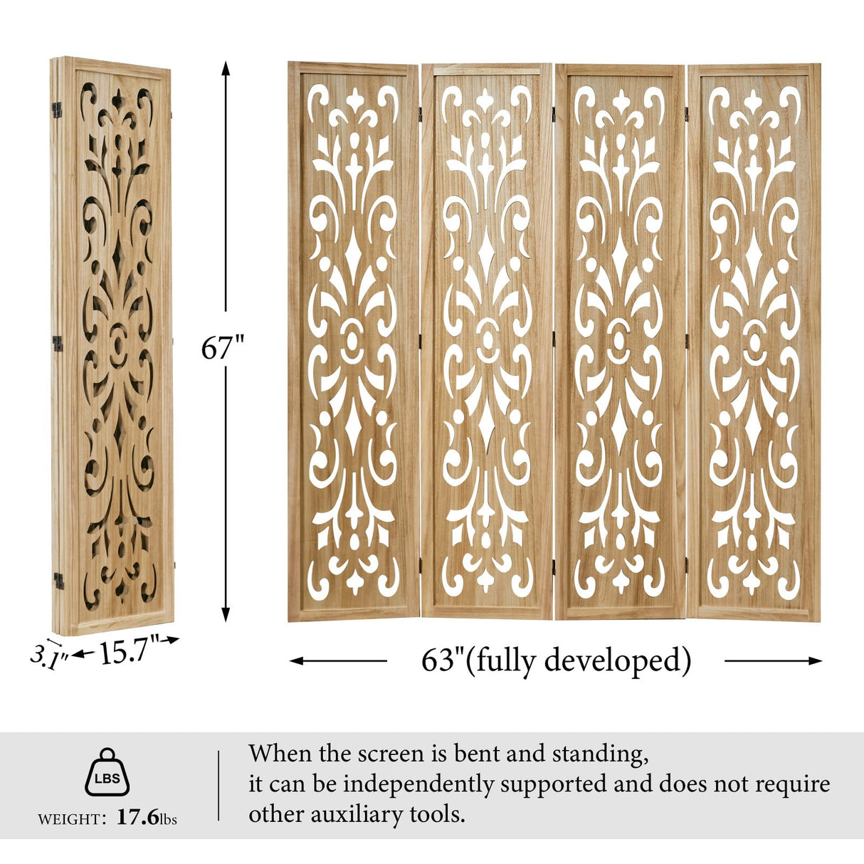 5.6Ft Room Divider Folding Wood Classical Carved Partition Screen for Home Office Garden - 4 Panels (Natural) Svimi