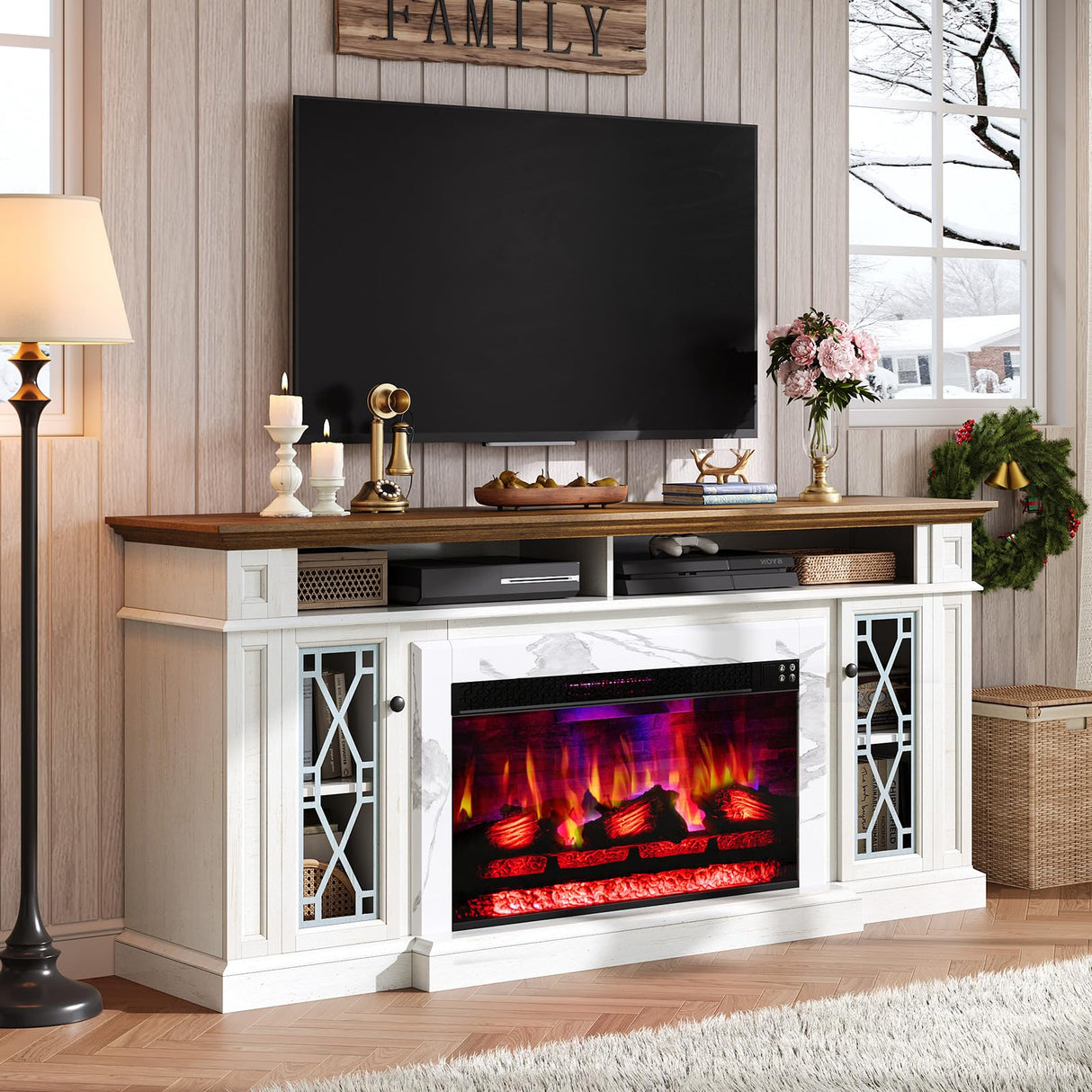 AMERLIFE 70" Farmhouse Heavy Fireplace TV Stand with 33" Electric Fireplace, for 80" TVs up, Media Entertainment Center with Diamond Door, TV Console Storage Cabinet for Living Room, White & Barnwood AMERLIFE