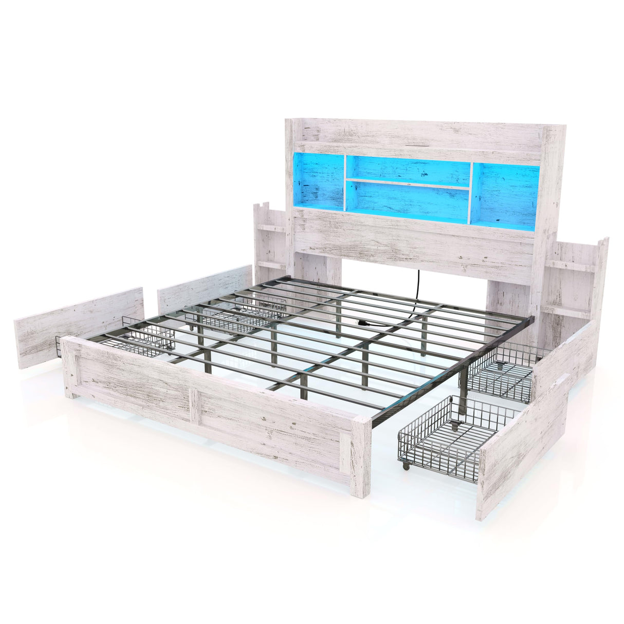 LUXOAK Distressed White King Bed Frame with Bookcase Headboard, RGB LED & Charging Station LUXOAK