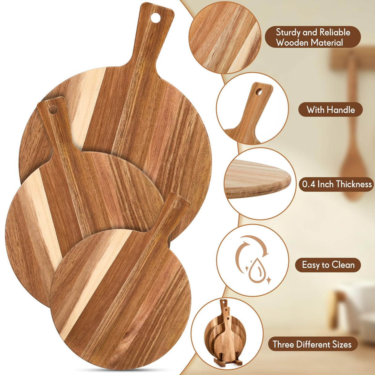 Hushee 3 Pcs Acacia Wood Cutting Board with Handle Round Wooden Chopping Board and Dish Rack Set Serving Platter Pizza Paddle and Plate Rack Stand Hushee