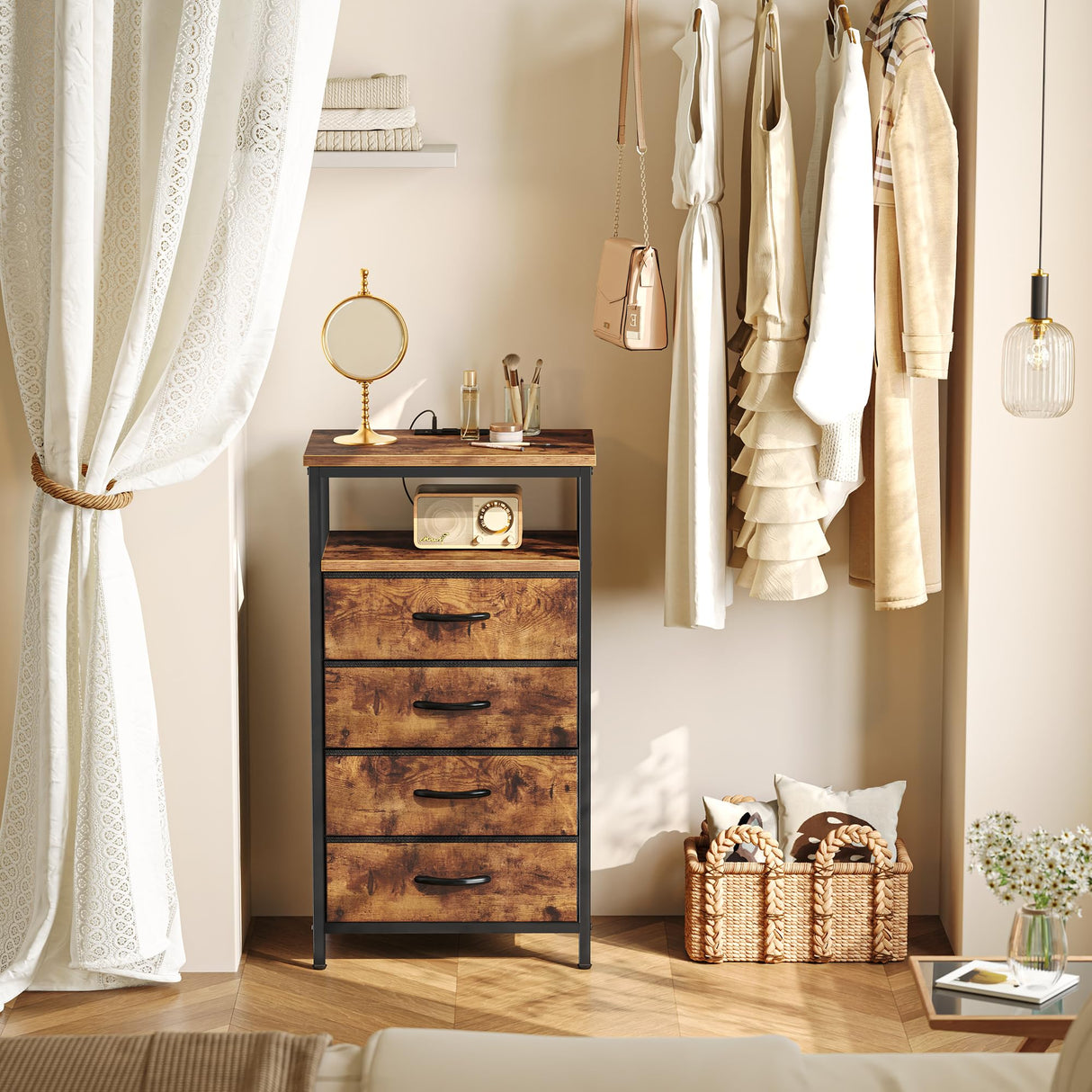 Huuger Night Stand with Charging Station, 4 Drawer Dresser for Bedroom, Bedside Table, 33.9 Inch Tall Nightstand with Open Shelf, End Table, for Closet, Entryway, Bedroom, Rustic Brown Huuger