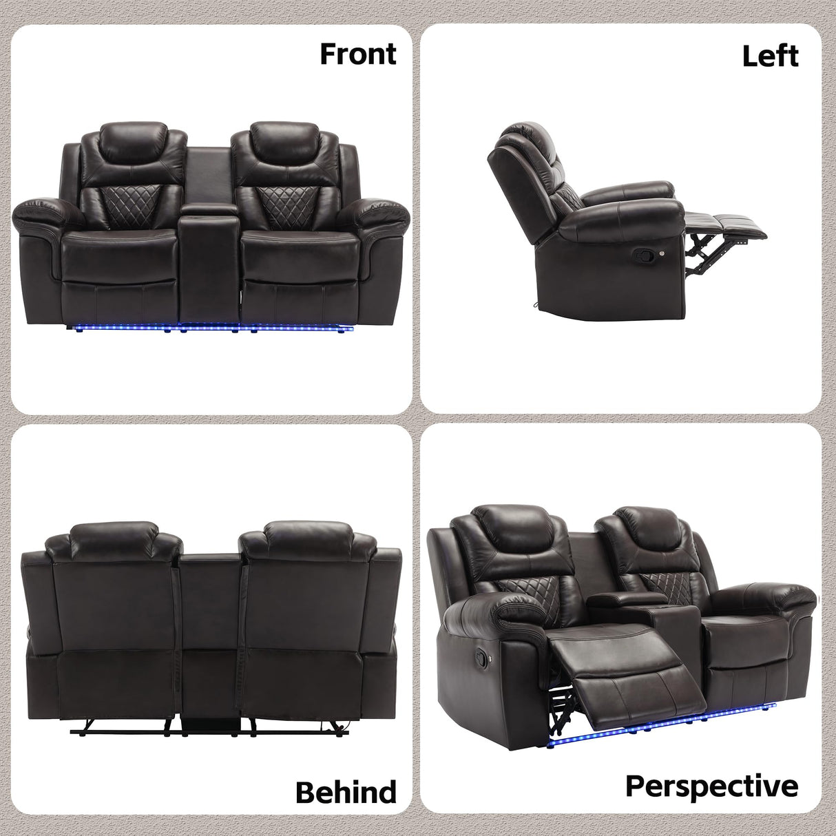 Olodumare Leather Reclining Sofa Set,Home Theater Seating with Center Console, LED Light Strip, and Storage Cup Holders, 2 Seater for Living Room,Office,Home Theater,RV. Loveseat(Brown) Olodumare