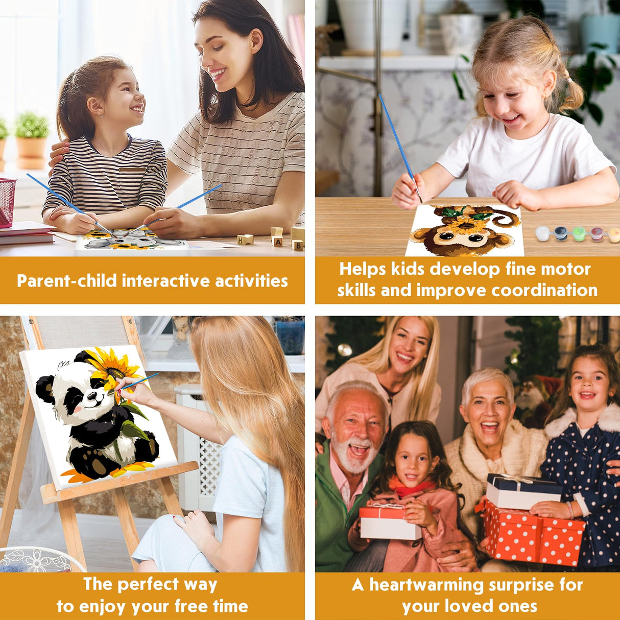 4 Pack Paint by Number for Kids with Wooden Frame, Cartoon Paint by Numbers for Kids Ages 8-12, Elephant, Monkey, Tiger, Panda, DIY Acrylic Oil Painting for Beginners for Home Wall Decor 8X8 inch NEWENMO