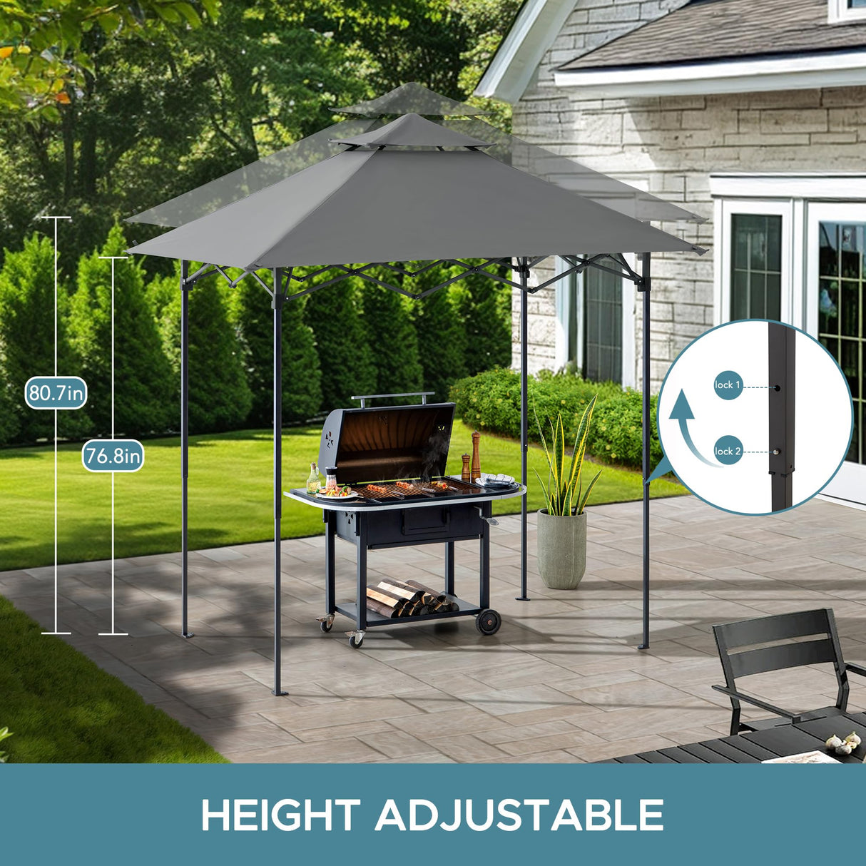 SUNJOY 5 x 8 ft. Grill Gazebo Pop Up Double Tiered Outdoor Gazebo Standing-Height Canopy with Magnetic LED Light, Adjustable Ceiling Height, for BBQ,Picnics, Outdoor Events, Gray Sunjoy