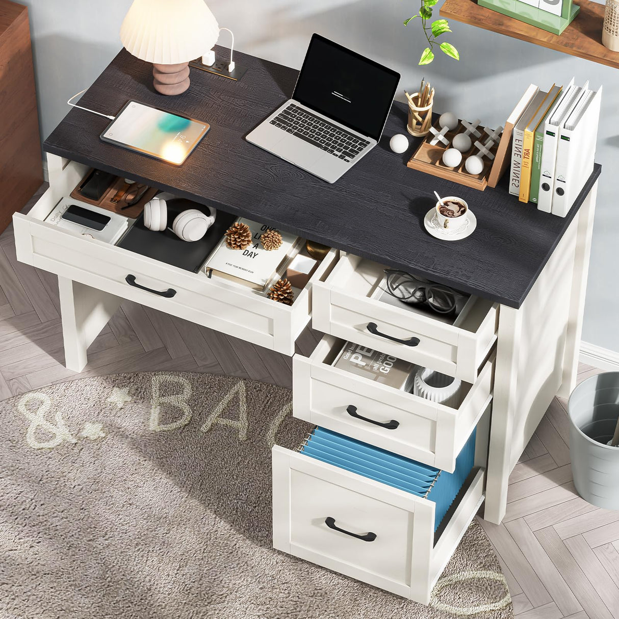 Vabches Farmhouse 47" Executive Desk, Computer Desk with File Drawer and Charging Station, Workstation for Home Office, Study,(Black). Vabches