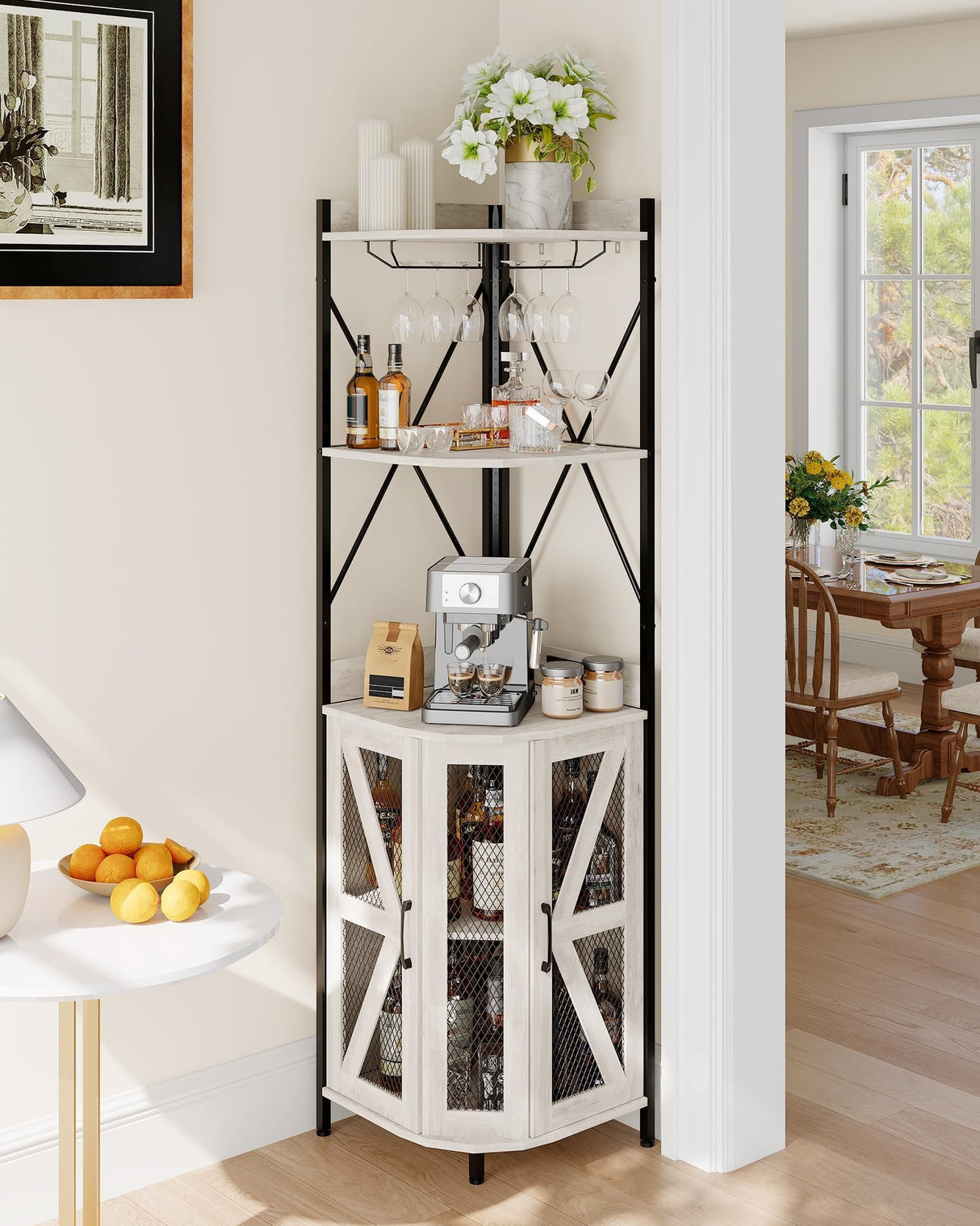 GAOMON 4-Tier Corner Wine Rack, Freestanding Foldable Bar Cabinet, Industrial Metal and Wood Wine Storage Shelf for Small Spaces, Living Room & Kitchen, Grey GAOMON