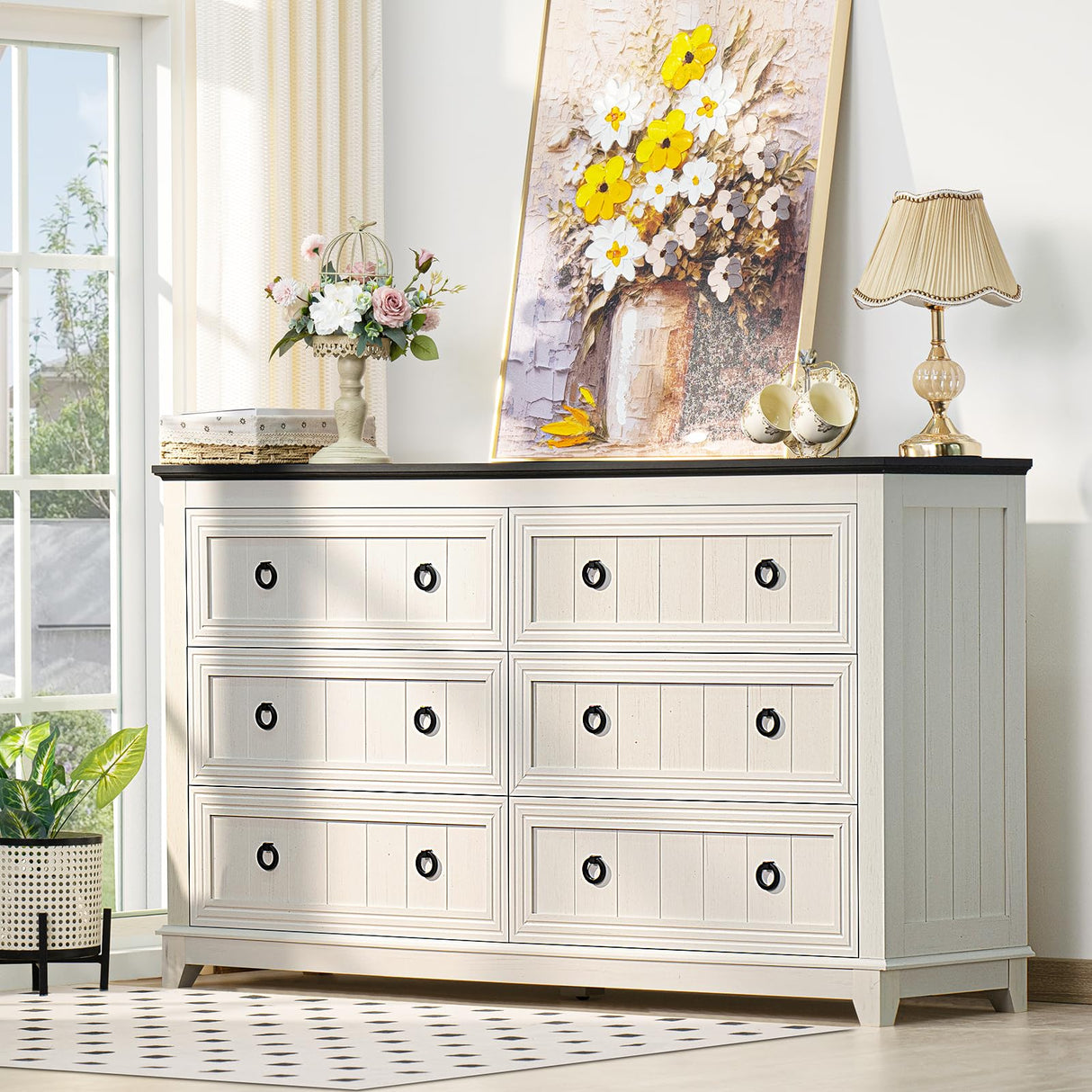 Joaxswe Farmhouse Furniture Set, Nightstands Set of 2 and 6 Drawers Dresser for Bedroom, 58 Inch Wide Wood Dresser and 18" Night Stands with Charging Station for Bedroom, Living Room, Hallway Joaxswe