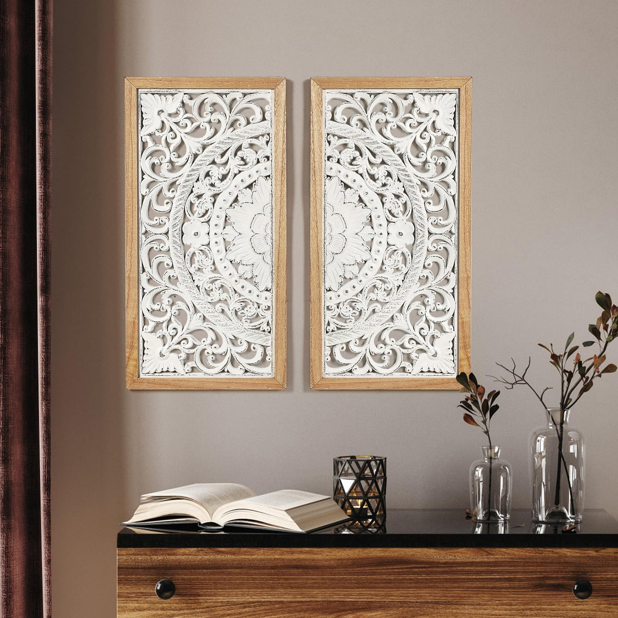 AHUONEL 2 Panel Wall Art Decor Wall Sculpture, Carved Wood Wall Decor Wall Hanging Decor, Rustic Farmhouse Wall Decor for Living Room Bedroom Entryway Hall Office Home Decor, 23"x11.5" AHUONEL