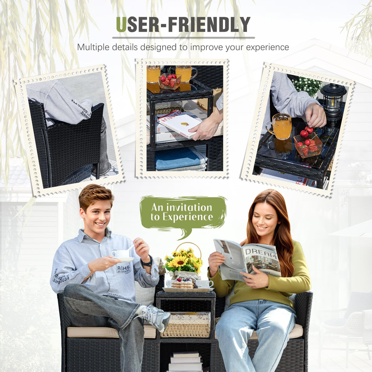 Greesum Patio Loveseat Outdoor Wicker Furniture Conversation Set with Soft Cushions & Built-in Coffee Table for Lawn Garden Backyard, Beige Greesum