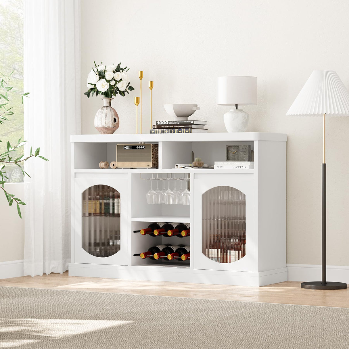 Wine Bar Cabinet with LED Light - 47" Liquor Storage Cabinet with Wine Rack and Glass Hanger Coffee Bar Cabinet with Adjustable Shelves Bar Cabinet with Glass Doors for Kitchen Dining Living Room ElfinAura