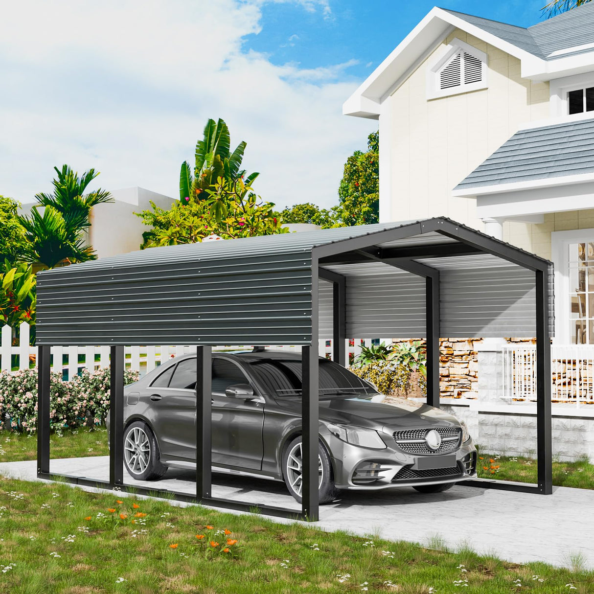 SENYUN Heavy Duty Metal Carport, 10X15 FT Waterproof Carport Canopy with Galvanized Steel Frame and Roof Sunshade Garage Car Shelter for Trucks, Boats, Tractors SENYUN