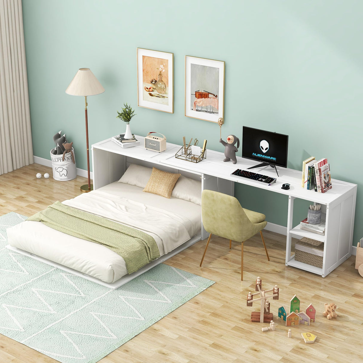 FAVSH Queen Size Murphy Bed with Rotable Desk,Solid Pine Wood & MDF Wall Bed, Space-Saving Hidden Bed,Easy Assembly Fold-The-Way Bed,No Box Spring Needed,White FAVSH