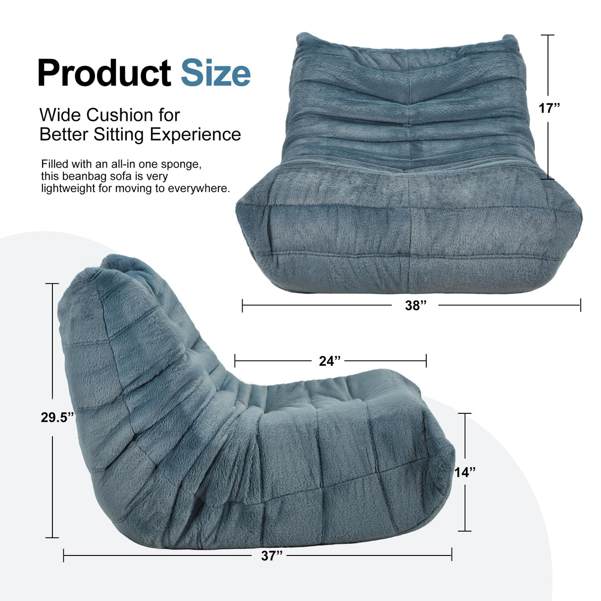 Bean Bag Chairs for Adults Giant Bean Bag Chair Memory Foam BeanBag Chair Big Bean Bag Sofa with Filler Faux Fur Fireside Beanbags Lazy Sofa for Living Room Bedroom Dorm Office (Bluegrey Plush) Hobestluk