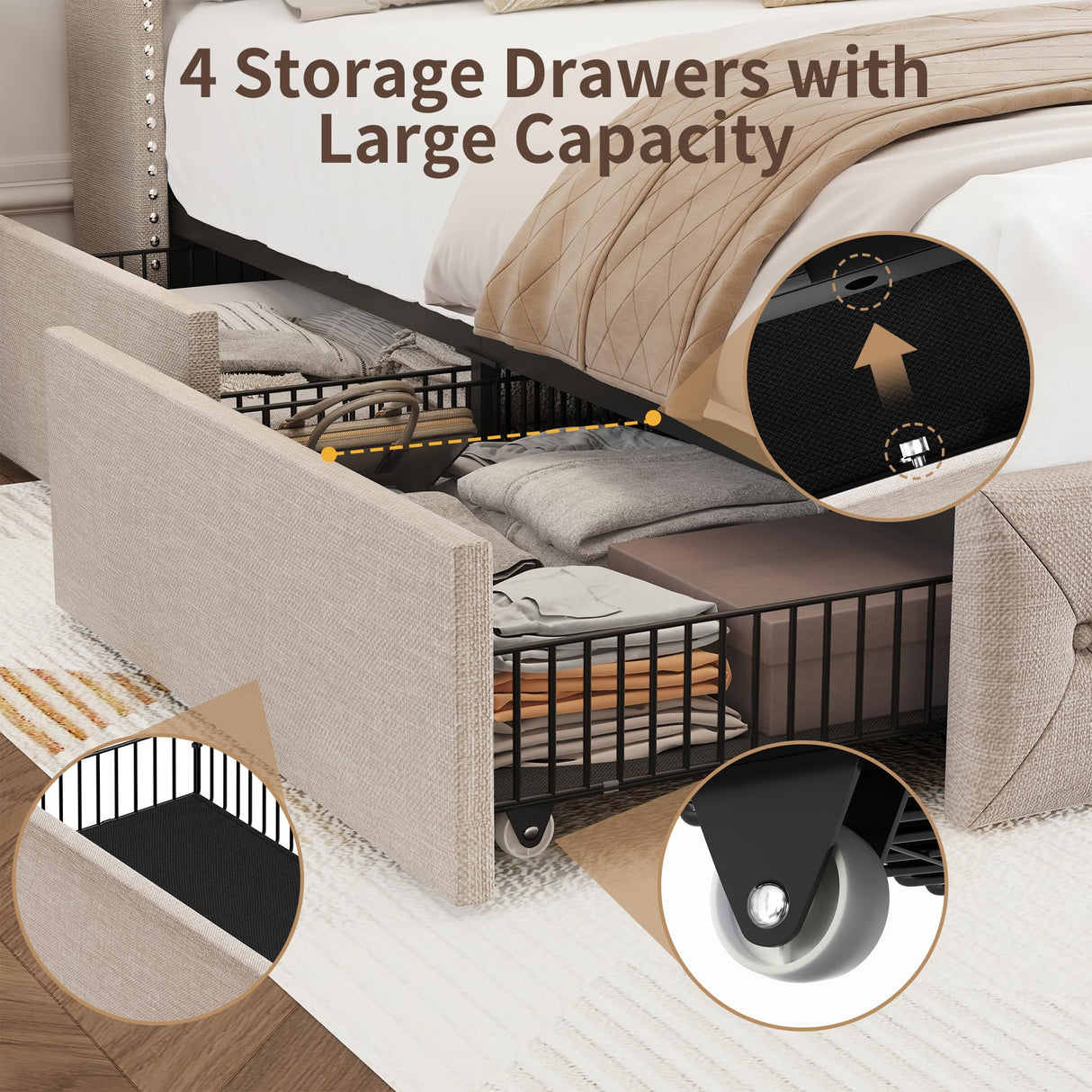 BRELTAM Queen Size Bed Frame with Storage Drawers and Wingback Headboard Linen Upholstered Platform Bed Frame Tufted Beds with Heavy Duty Wood Slats, Noise Free, Easy Assembly, Beige BRELTAM