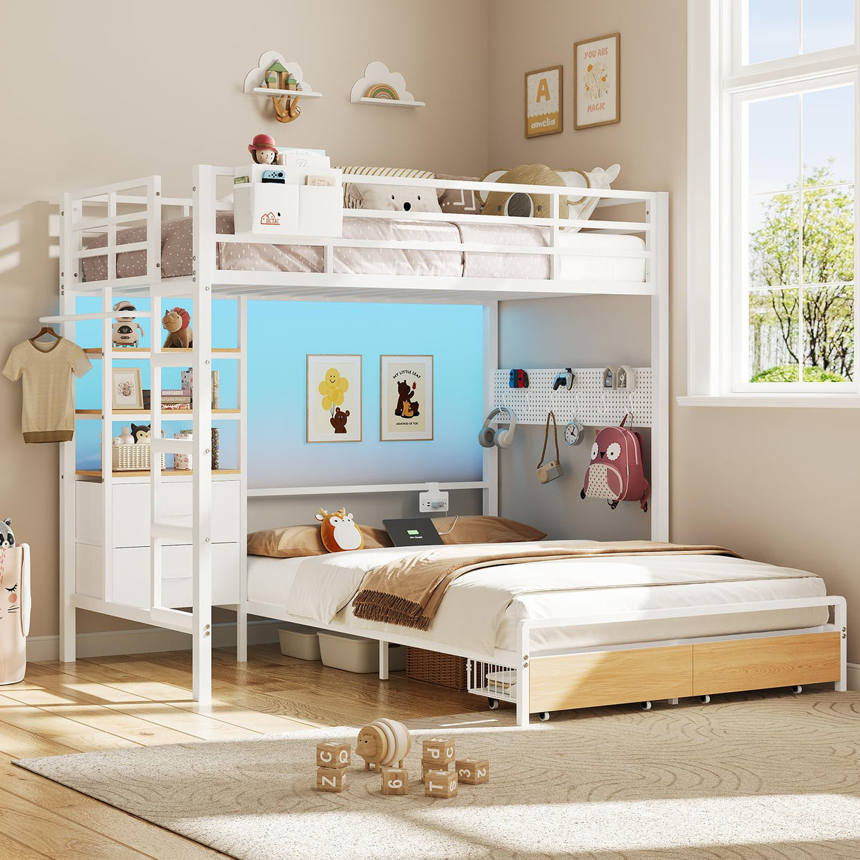 DICTAC Twin Over Full Bunk Bed with 4 Storage Drawers and 3-Tier Open Bookshelf Metal Bunk Bed with LED Lights,Charging Station and Organizer Pegboard,bunk Beds with Safety Guardrail and Ladder,White DICTAC