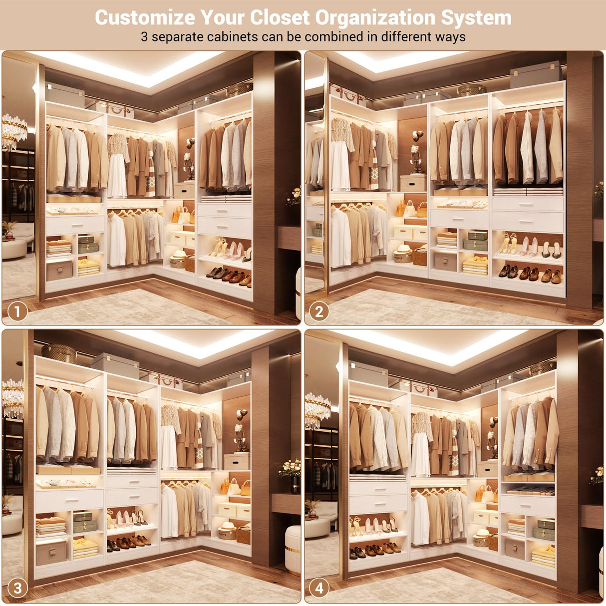 Unikito 86” Corner Closet System, Modular Closets Organizer with 4 Hanging Rods and Storage Shelves, Freestanding Adjustable Wood Clothes Garment Rack with Drawers, Sturdy Walk in Closet Tower, White Unikito