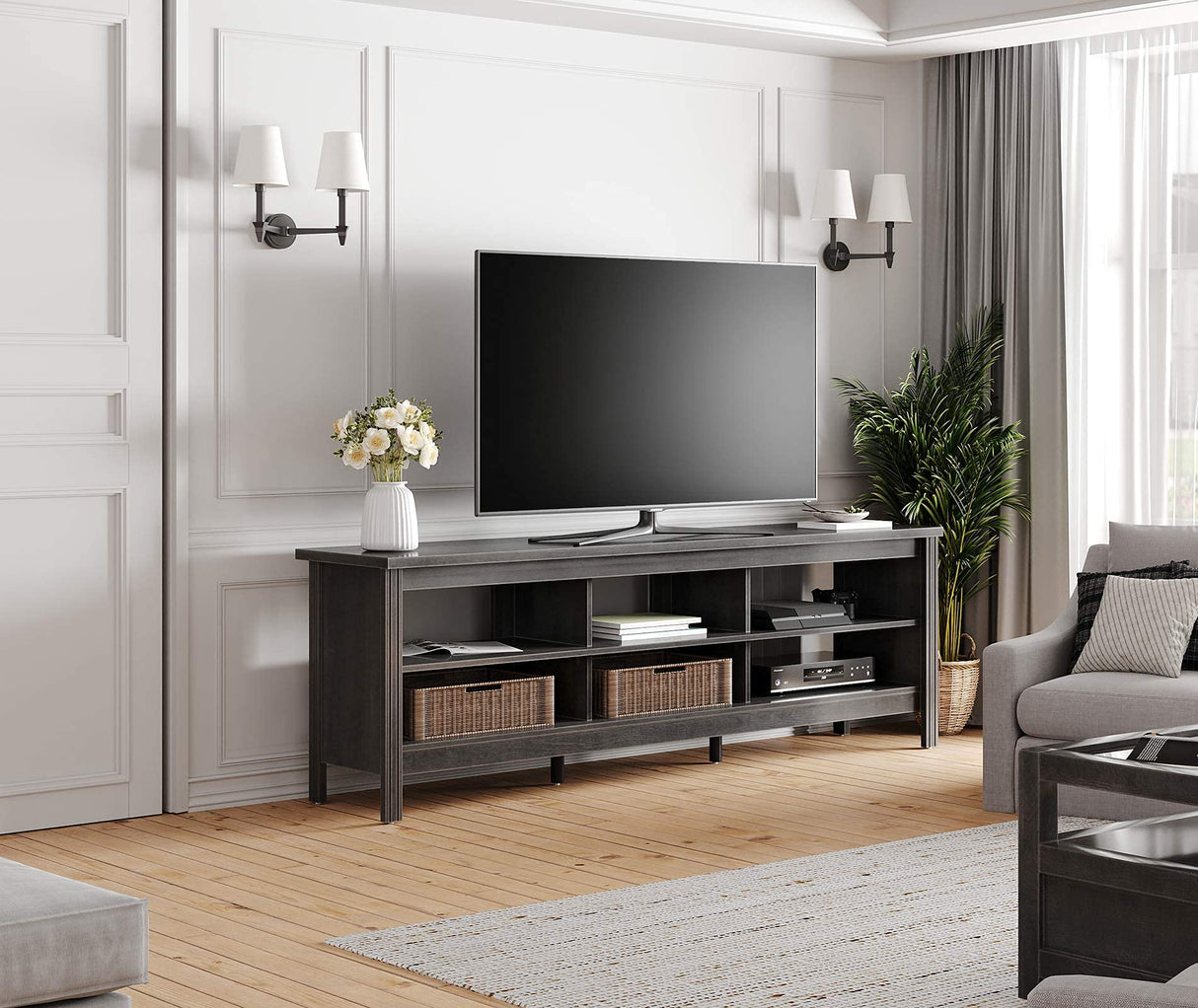 WAMPAT TV Stand for Living Room 70inch, Wooden TV Entertainment Center with 6 Storage Cubby, Modern TV Stands for Bedroom,Fits TVs up to 75 Inch.Black WAMPAT