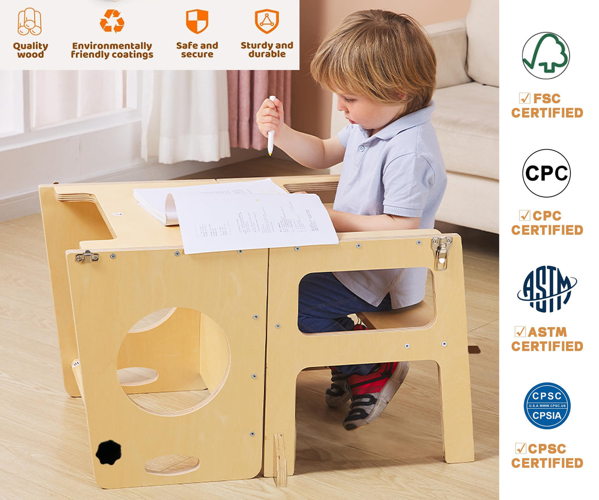 Foldable 4-in-1 Study Tower with Chalkboard for Learning, Montessori Kitchen Step Stool Toddlers Folding Stool for Kids 1-6years Ideal Helper FANABAS