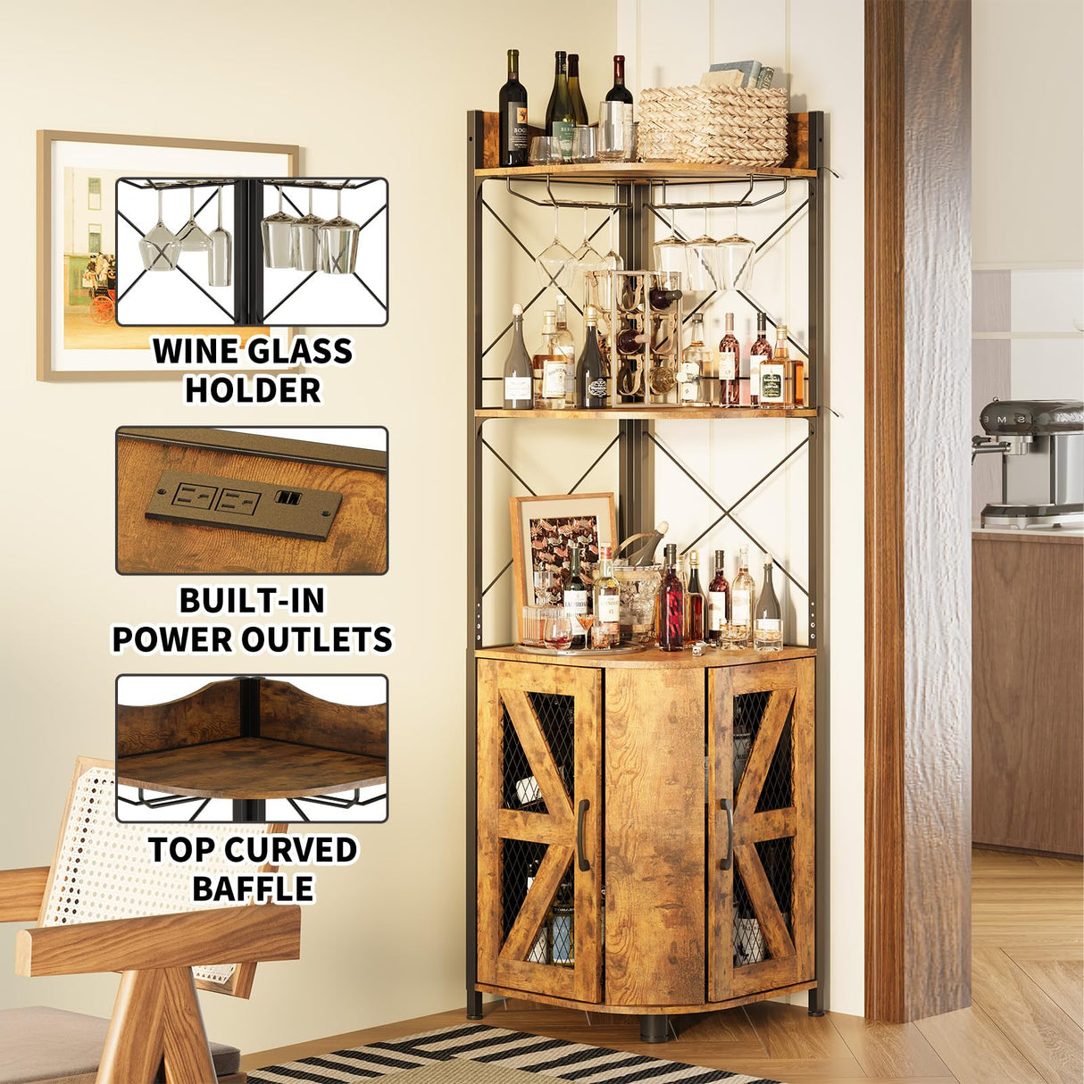 Corner Bar Cabinet with RGB LED Lights and Power Outlet, 63 Inch, 5-Tier Industrial Corner Wine Cabinet with Glass Holder, Corner Liquor Cabinet for Home, Bar Cabinet - Rustic Brown Pipleo