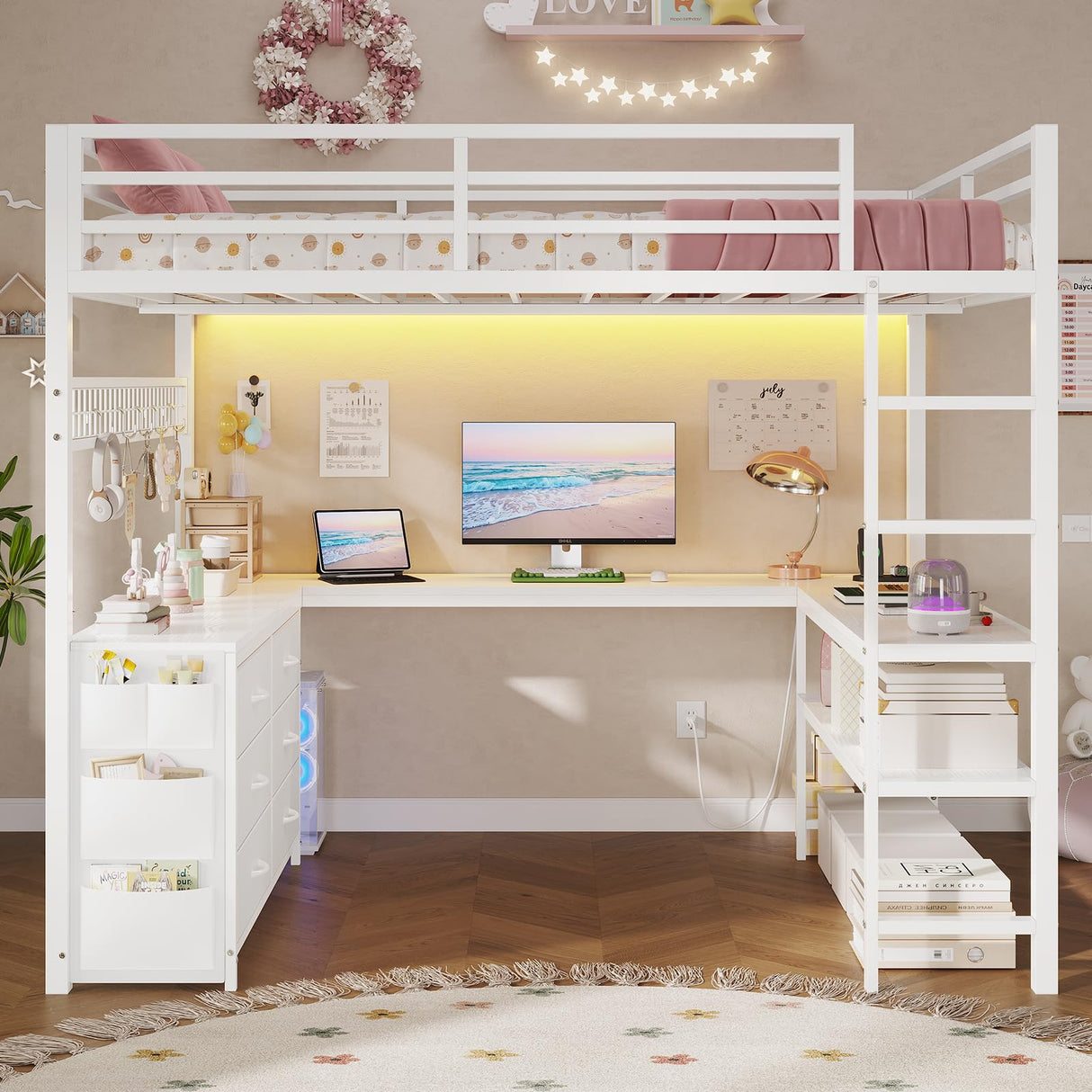 ADORNEVE Loft Bed Full Size with U-Shaped Desk, 6 Storage Drawers, Power Outlet, LED Metal Loft Bed with 2 Storage Shelves, Bed with Safety Guardrail & Ladders,Space-Saving,White ADORNEVE