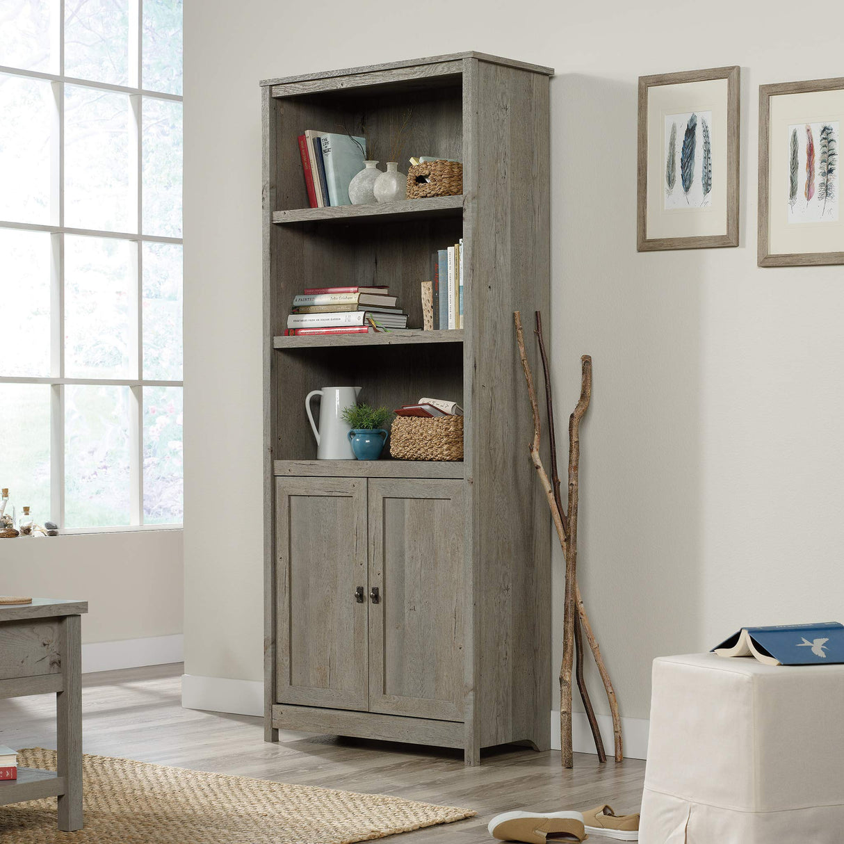 Sauder Cottage Road Library with Doors/Book shelf, L: 29.29" x W: 13.98" x H: 71.5", Mystic Oak finish Sauder