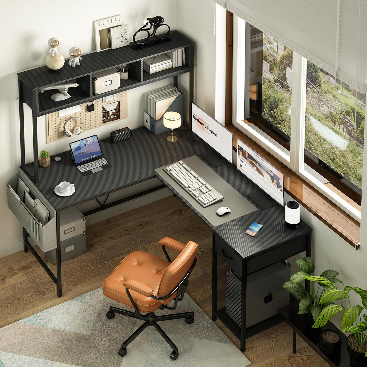 Yoobure L Shaped Desk Gaming Desk with LED Strip & Power Outlet, Reversible L-Shaped Computer Desk with Drawer, Corner Desk with Storage Shelf, 2 Person Home Office Desk, Carbon Fiber Black Yoobure