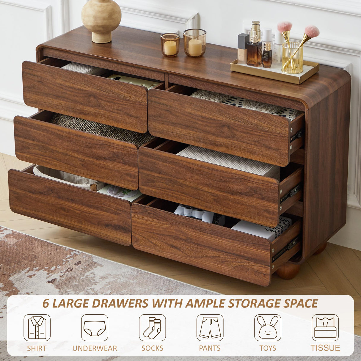 AVZEAR Modern 6 Drawer Dresser for Bedroom, 48" Wide Wooden Dresser Chest of Drawers, Handle Free & Curved Profile Design, Mid Century Closet Clothes Storage Organizer for Living Room, Walnut AVZEAR