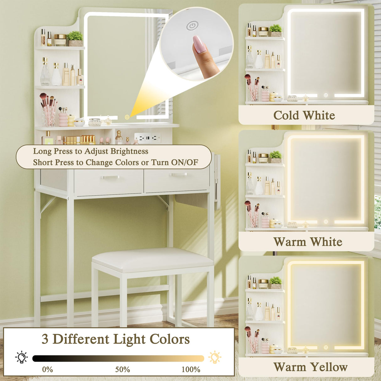 HUAHUU Small Vanity Desk with Mirror and Lights, Makeup Vanity with Fabric Storage Drawer, Chair and Three Shelves, White Vanity with Power Outlet and Fold-up Panel, Bedroom HUAHUU