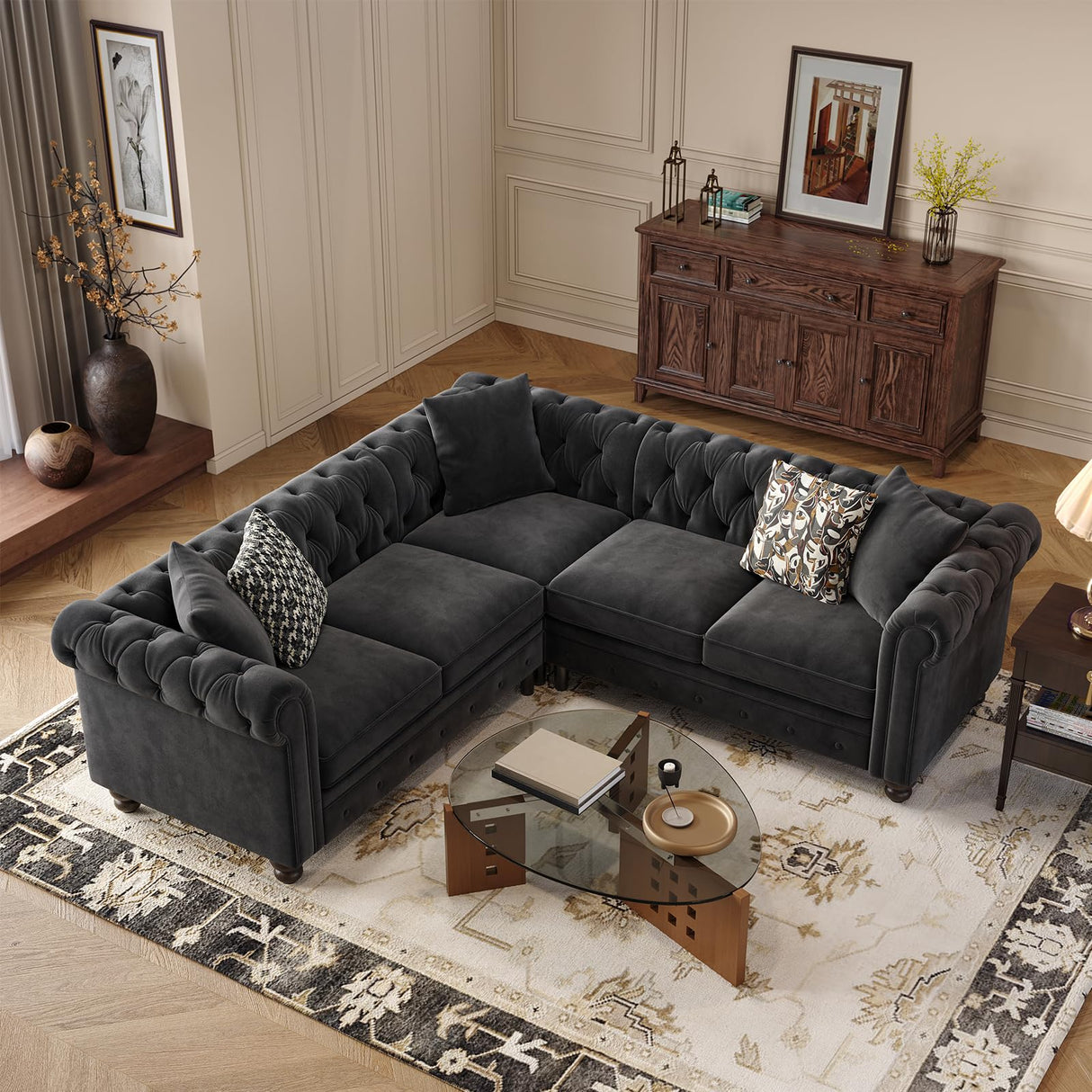 ONBRILL Chesterfield L Shaped Sofa, Velvet Sectional Couches for Living Room, Tufted Corner Couch with Rolled Arms, 3 Throw Pillows, Comfy L Shaped Sectional Sofa for Apartment, Black ONBRILL