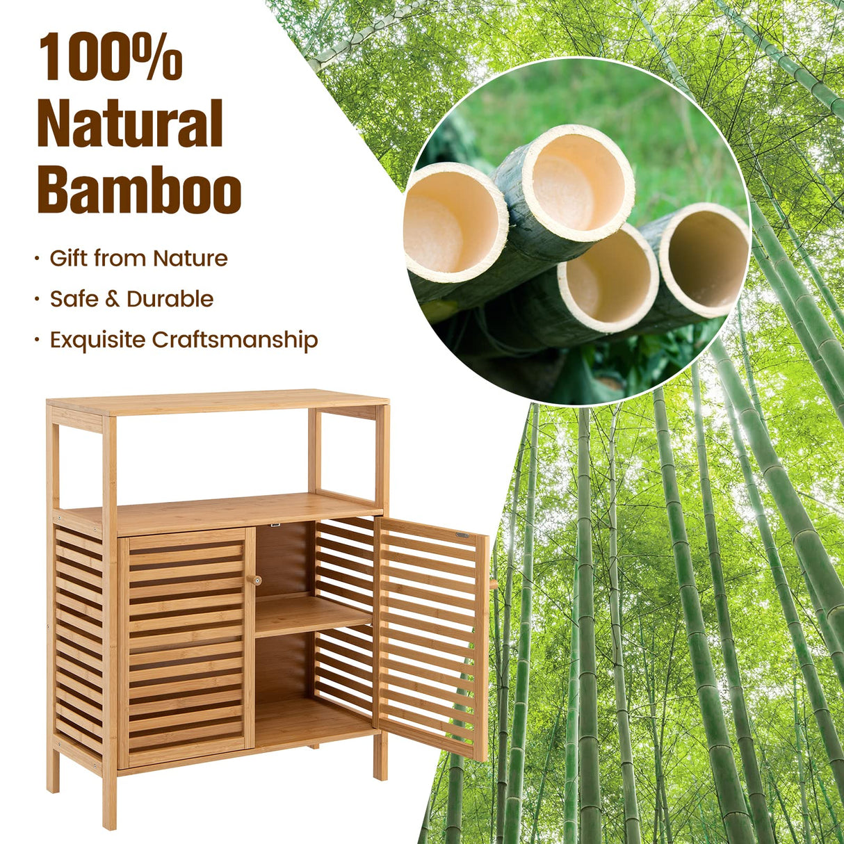 COSTWAY Bamboo Bathroom Cabinet, Freestanding Storage Cabinet Organizer with Louver Doors & Removable Shelf, Bathroom Floor Cabinet for Living Room, Kitchen, Entryway, Natural COSTWAY