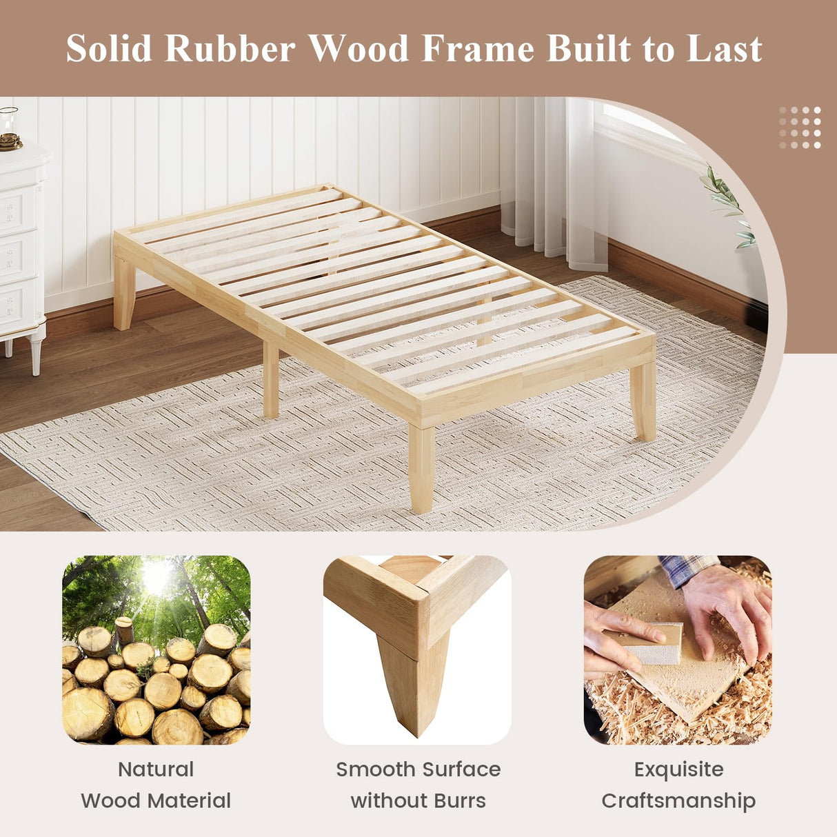 Giantex 14 Inch Twin Wood Platform Bed Frame, Minimalist Style Mattress Foundation with Solid Rubber Wood, Heavy Duty Wood Slat Support, Without Headboard, Easy Assembly, No Box Spring Needed, Natural Giantex