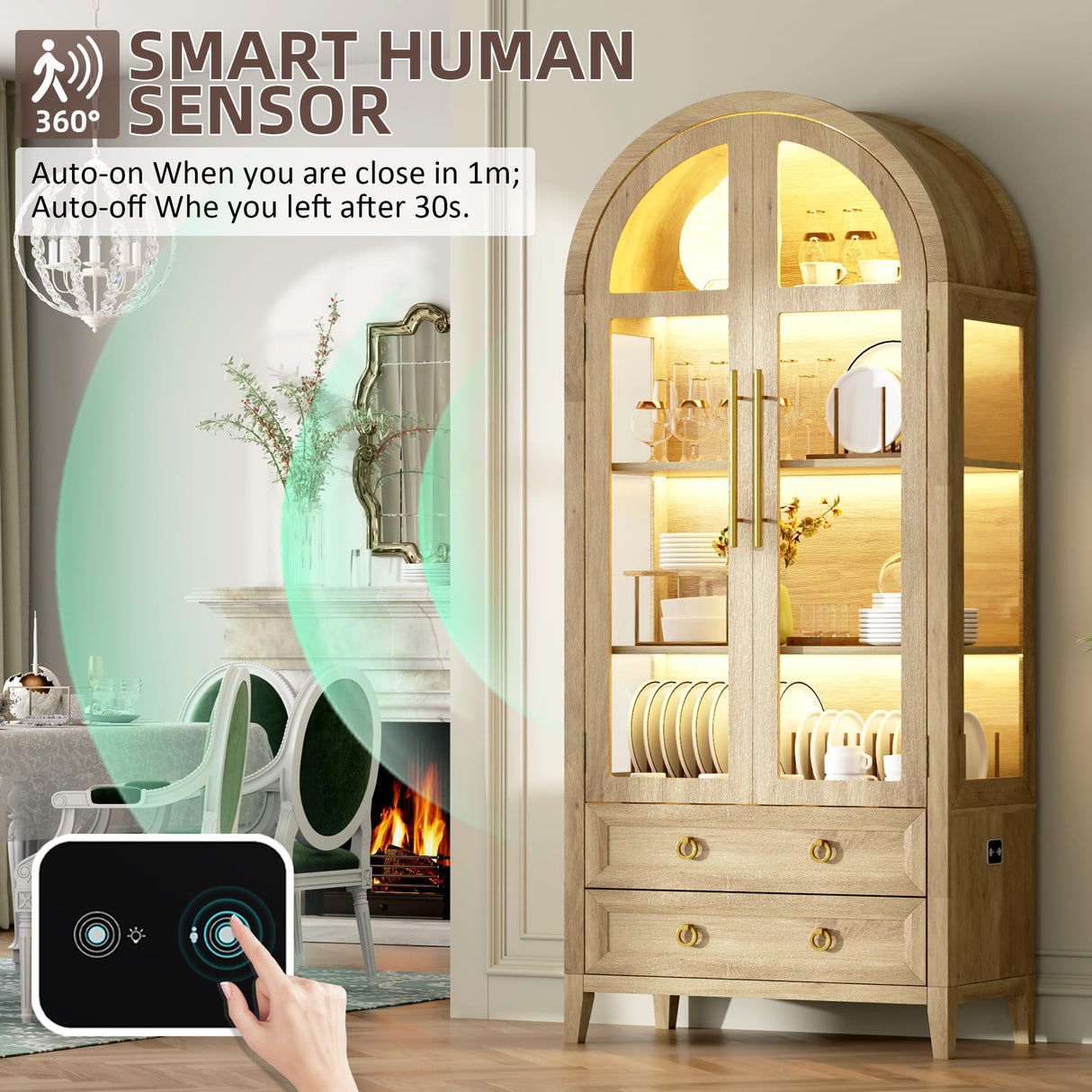 Vlsrka 71" Arched Curio Cabinet with Glass Doors, 4-Shelves Display Cabinet and 2 Drawers, Display Case with 3 Color Lights, Tall Bookcase, Kitchen Pantry, Wood Color Vlsrka