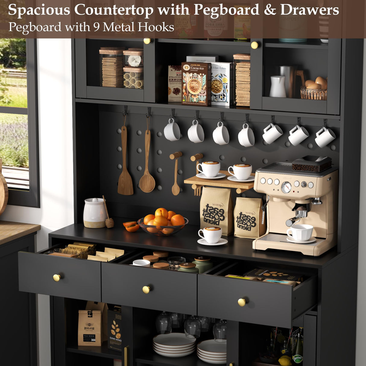 72" Tall Wine Bar Cabinet with Storage Hutch & Pegboard, Coffee Bar Cabinet with LED Lights, Modern Liquor Cabinets with 9-grid Wine & Glass Racks, Pantry Cabinet for Kitchen, Living Room (Black) Auromie