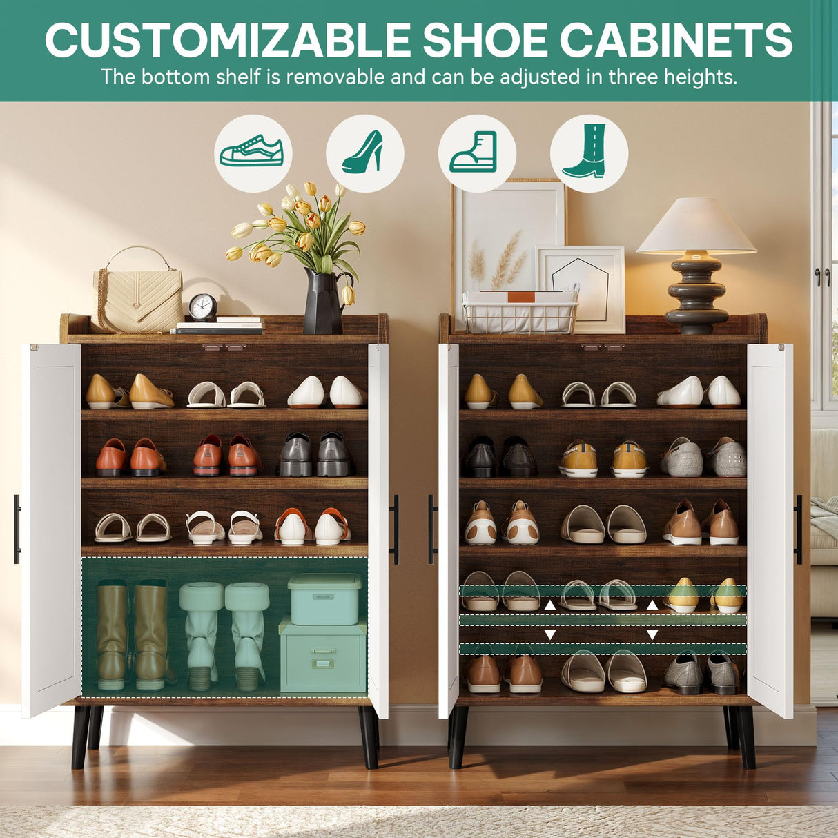 YITAHOME Shoe Cabinet with Doors, 5-Tier Shoe Storage Organizer with Adjustable Shelves, Modern Freestanding Wooden Shoe Rack Cabinet for Entryway, Hallway, Closet, Living Room, Brown & White YITAHOME