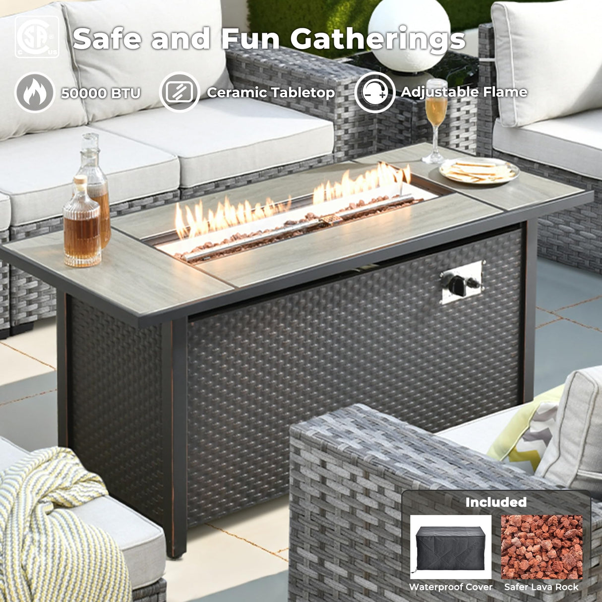 ovios 16 Pieces Patio Furniture Set, Outdoor Wicker Sectional Sofa with 54" Fire Pit Table Swivel Chairs, Modern Modular Deep Seat Rattan Couch Conversation Sets, Beige ovios