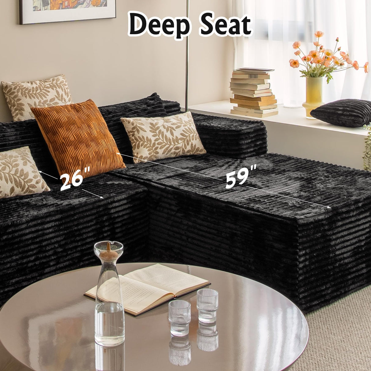 Black sectional couches for Living Room Corduroy Couch,104" Cloud Sectional Couch with L-Shape Chaise, Modern Modular Sofa, Deep Seat Comfort, No Assembly Required(Plush Corduroy Fabric) HKUVUKH