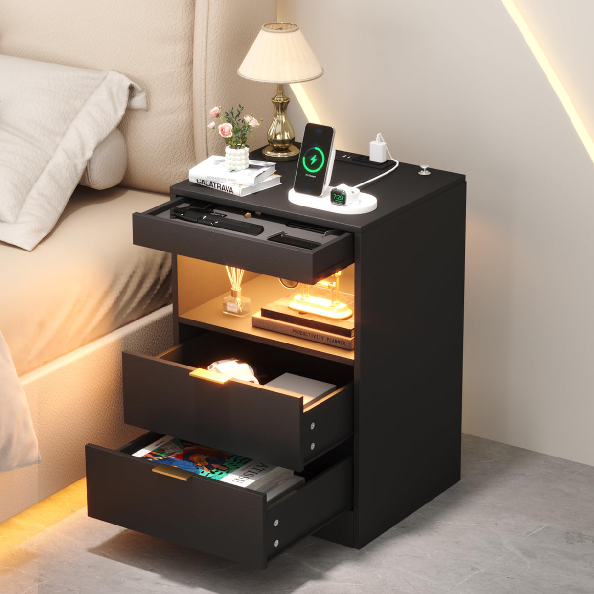 Yusong Night Stand with Gun Drawer & Invisible Lock, Bedside Table, LED Nightstand with Charging Station, Modern Night Stand, Wood Sofa Couch End Side Table with 2 Pull-Out Shelf, Black Yusong