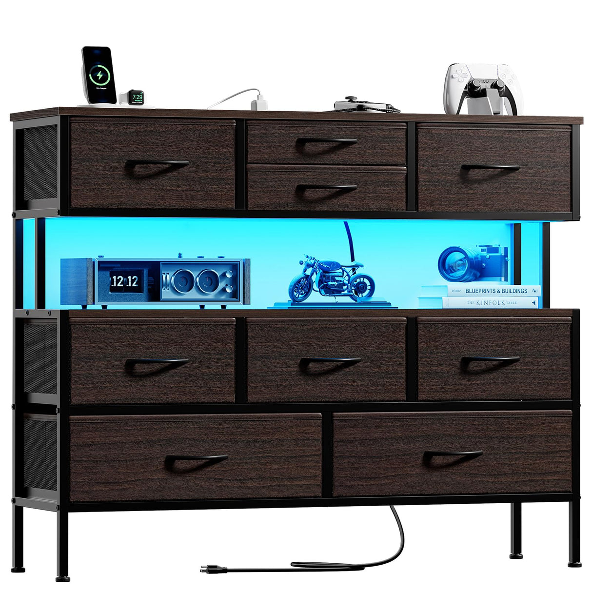 REAHOME Dresser TV Stand with Charging Station and LED Lights, 55” TV Stand with 9 Drawers, Fabric Dresser for Bedroom, Steel Frame, Large Storage Chest of Drawers for Closet, Living Room, Brown REAHOME