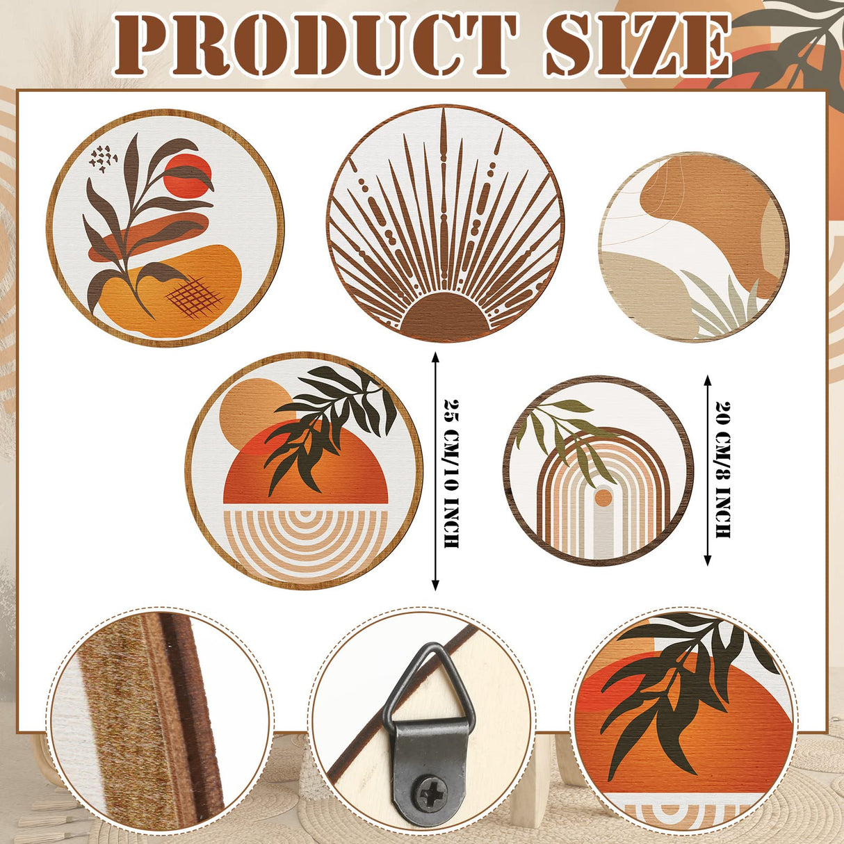 Qunclay 5 Pcs Wall Art Decor Wooden Living Room Wall Decor Bohemian Hanging Farmhouse Geometric 10'' and 8'' Aesthetic Wood Minimalist Posters for Bedroom(Boho) Qunclay