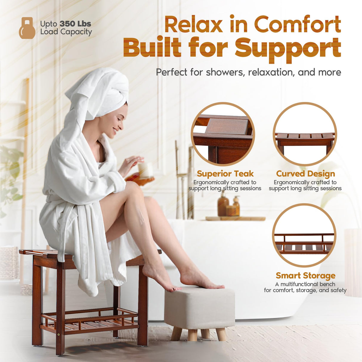 AK Decor 21" Teak Shower Bench for Inside – Luxury Spa-Style Comfort, FSC Certified Durable Teak Wood, Water-Resistant, Ergonomic Seat, Anti-Skid Stability and Enclosed Storage Shelf, 350 lbs Capacity Ak Decor