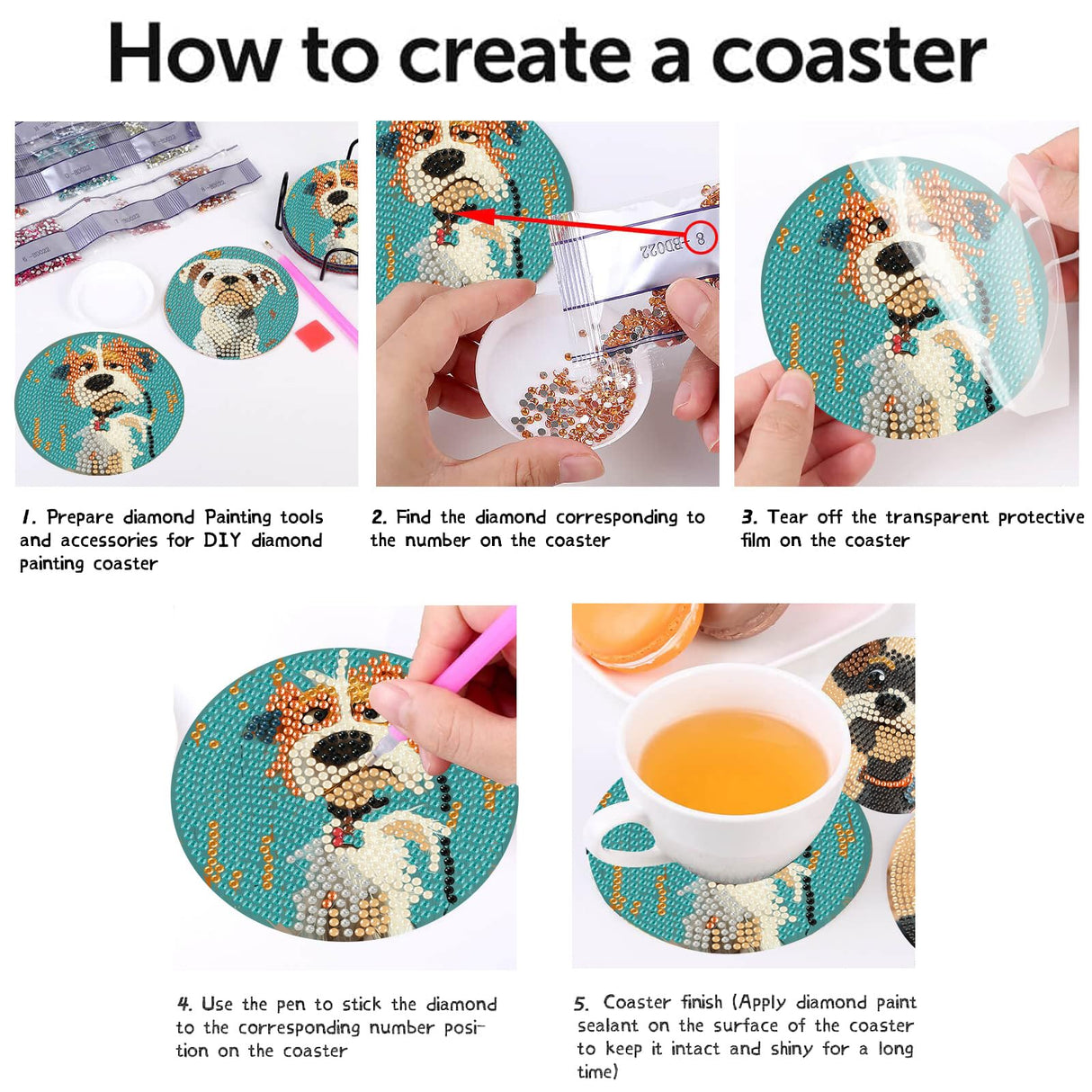cupmod Cute Dog Diamond Art Painting Coasters Kit, 8 Pieces Puppy Diamond Art Coasters with Holder, DIY Dog Diamond Coasters for Beginners cupmod