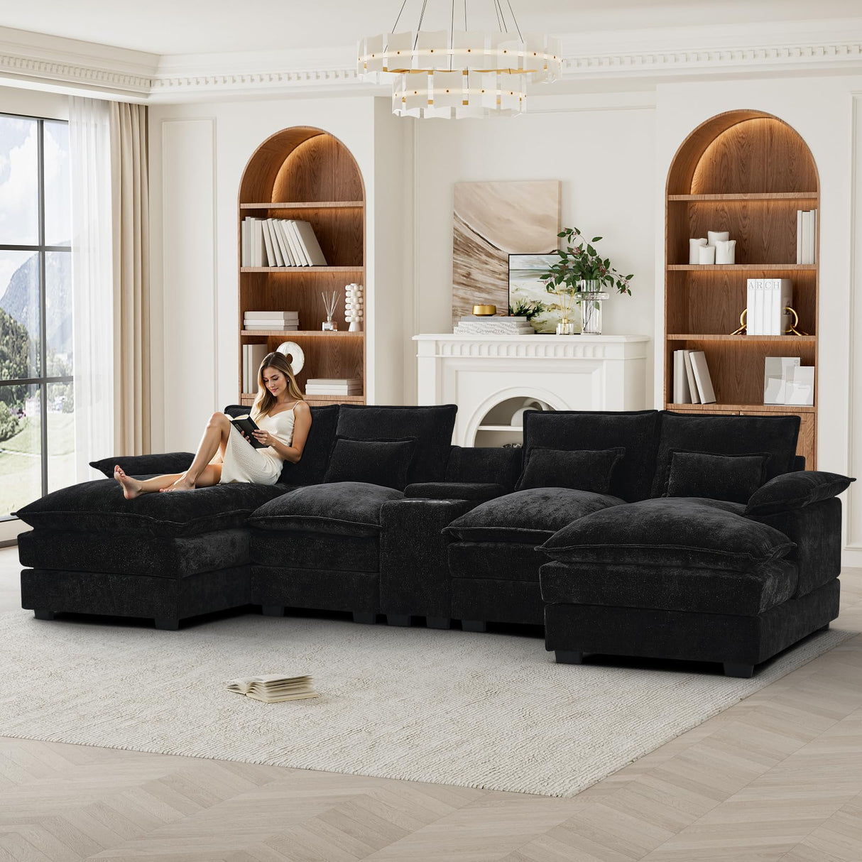 HYJT-H&K 124" U Shaped Cloud Couch Sectional, Comfy Fluffy Chenille Black Sectional Couches for Living Room, Modern Modular Sectionals Sofa with Central Console Double Chaise Lounge Black HYJT-H&K