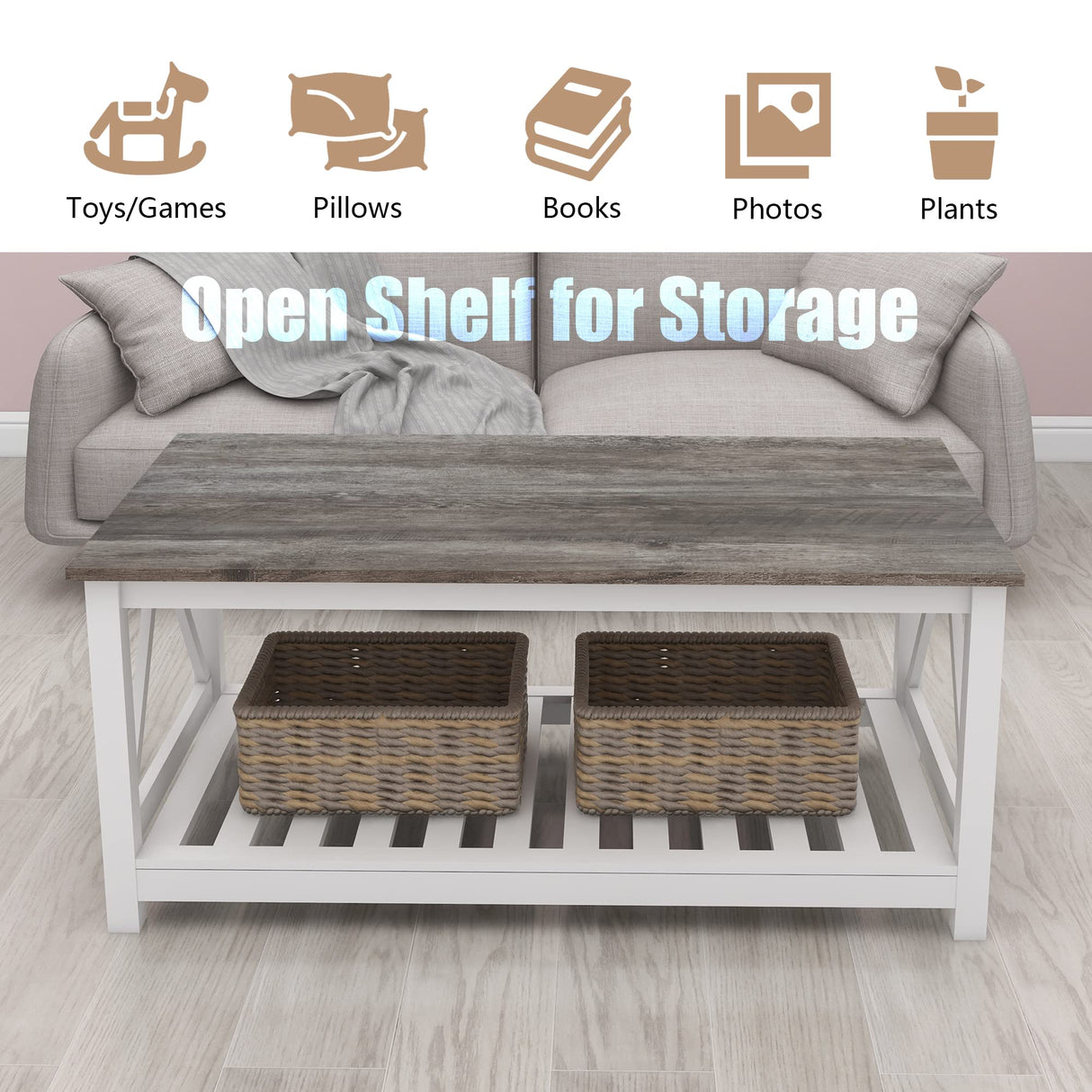 UYIHOME Farmhouse Coffee Table for Living Room, 2-Tier Rectangular Wooden Centre Cocktail Table with Slats Shelf Storage and V-Shaped Frame, Oak Grey UYIHOME