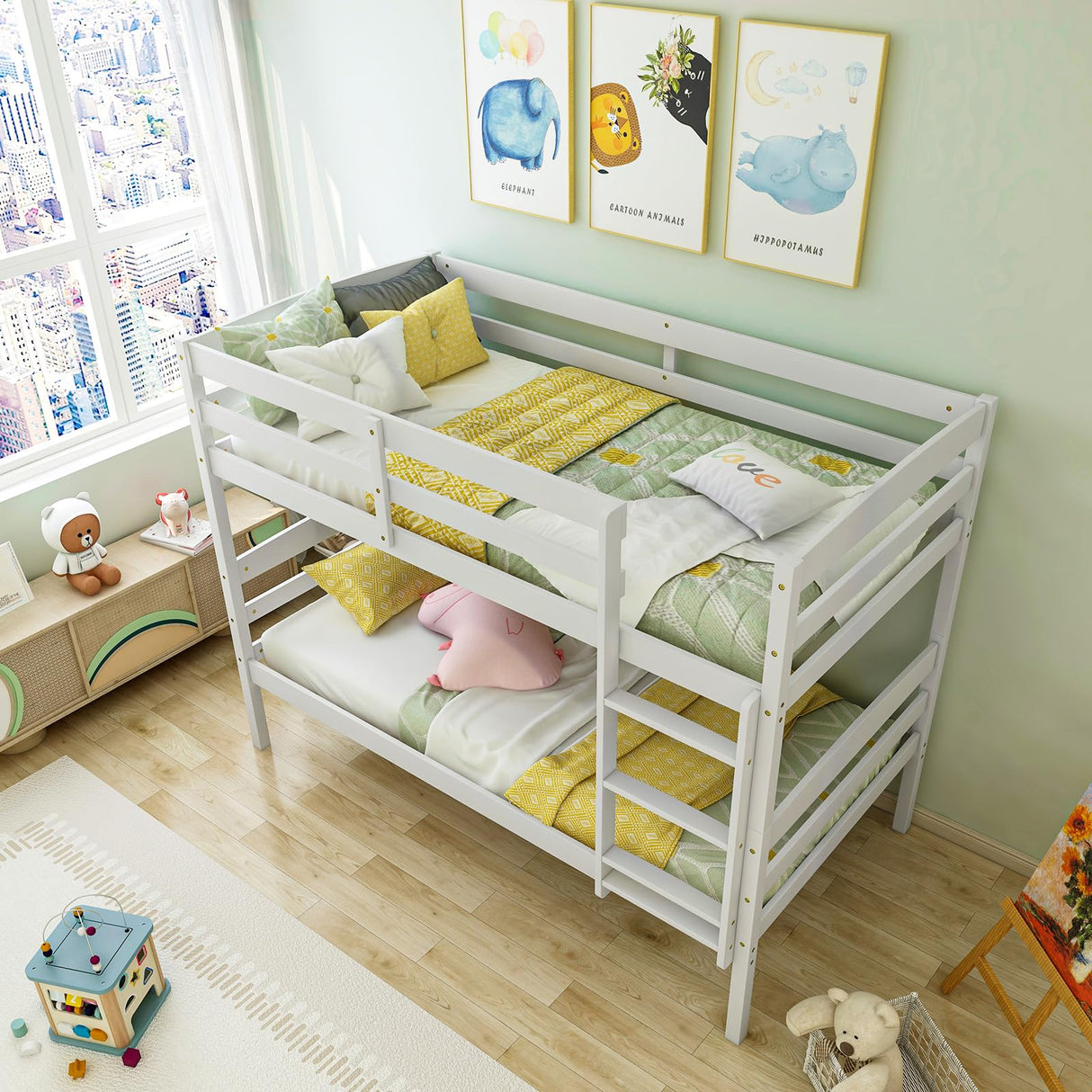 Giantex Bunk Bed Twin Over Twin, Solid Wood Detachable Bed Frame with High Guardrails & Integrated Ladder, Wooden Slatted Bunk Bed for Kids & Teens, No Box Spring Needed, White Giantex