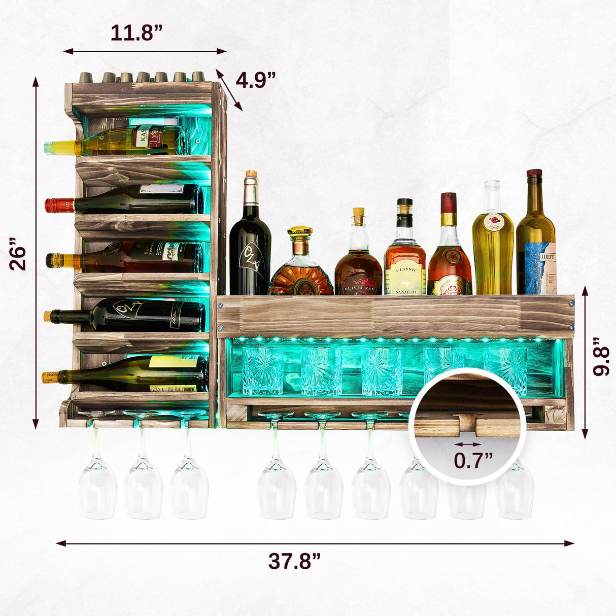 Homde Wine Rack with LED Light Wall Mounted Wood,Wine Shelf with Bottle Stemware Glass Holder Rustic, Wine Display Storage Rack with Cork Holder for Home Bar Kitchen Decor Homde