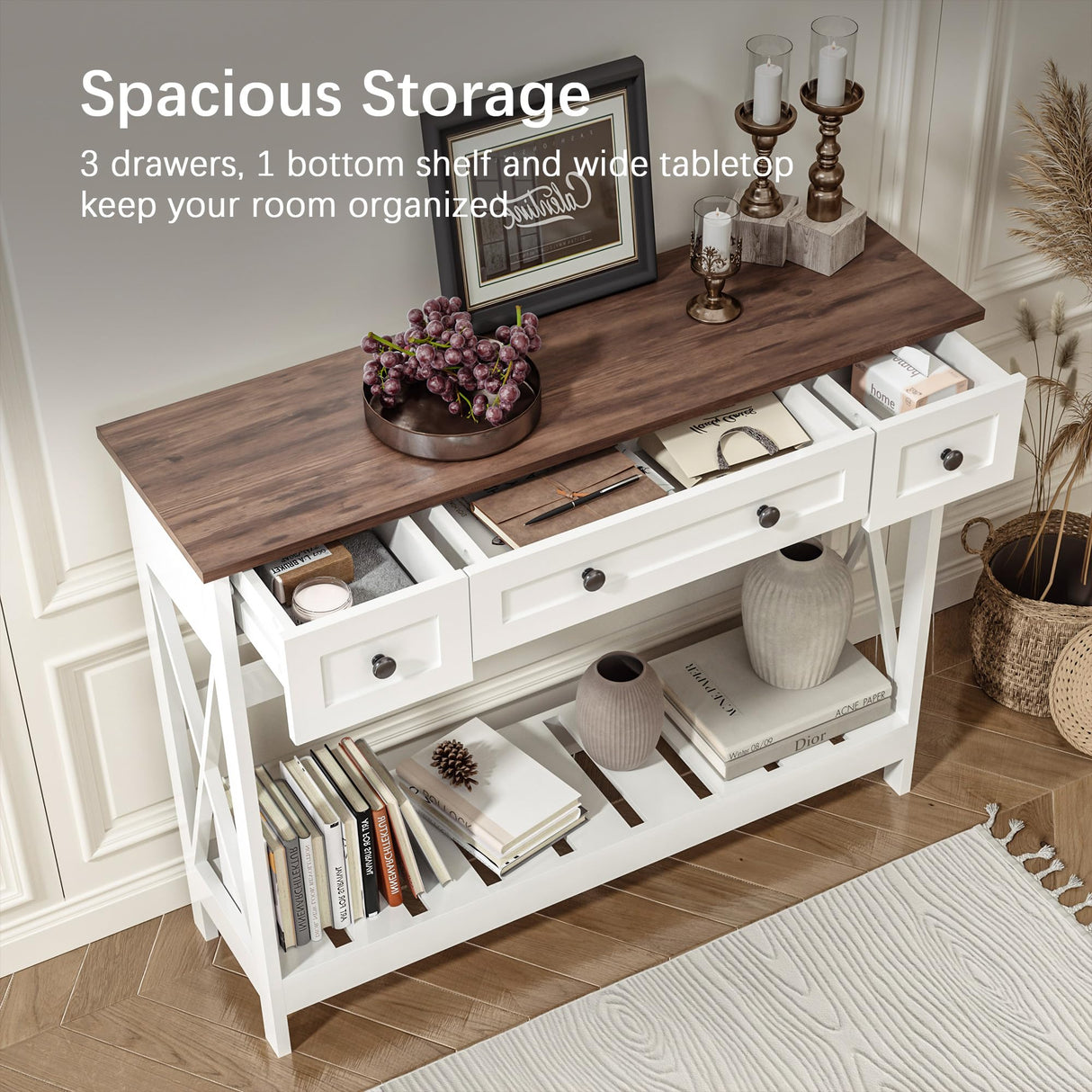 VEELOK 39.4" Farmhouse Console Table with 3 Drawers for Entryway, Rustic Entryway Table Entry Table, Sofa Table for Living Room, Hallway, Behind Couch, White and Brown VEELOK