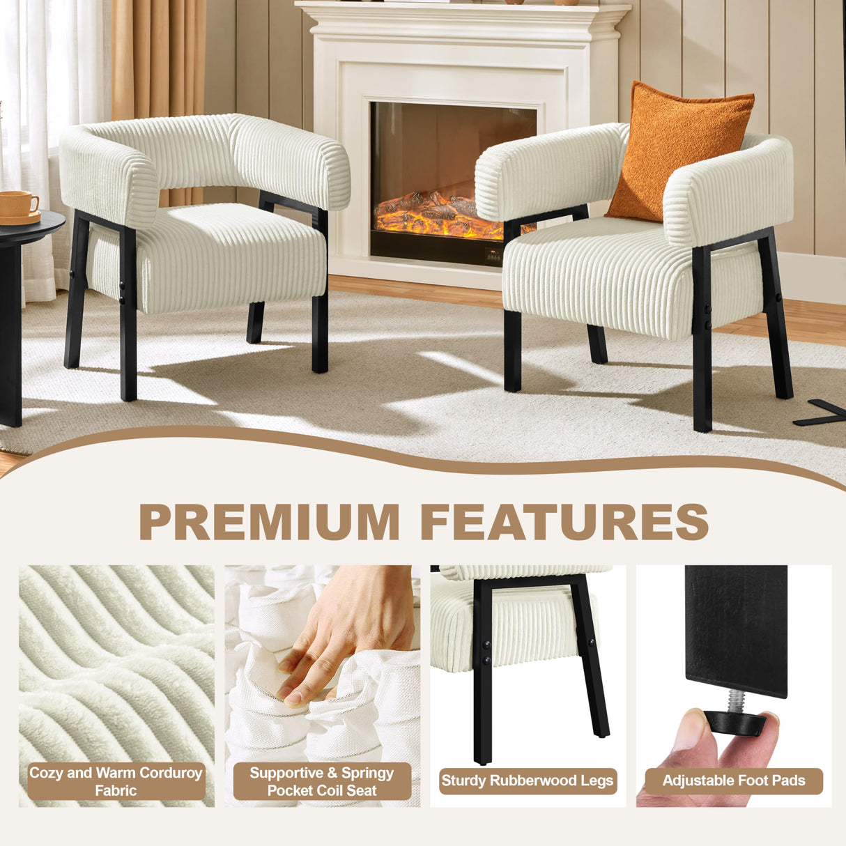 Yaheetech Corduroy Barrel Accent Chair Set of 2, Modern Upholstered Armchair with Solid Wood Legs, Cozy Leisure Chair with Pocket Coiled Seat for Living Room, Bedroom, Reading Nook Beige Yaheetech